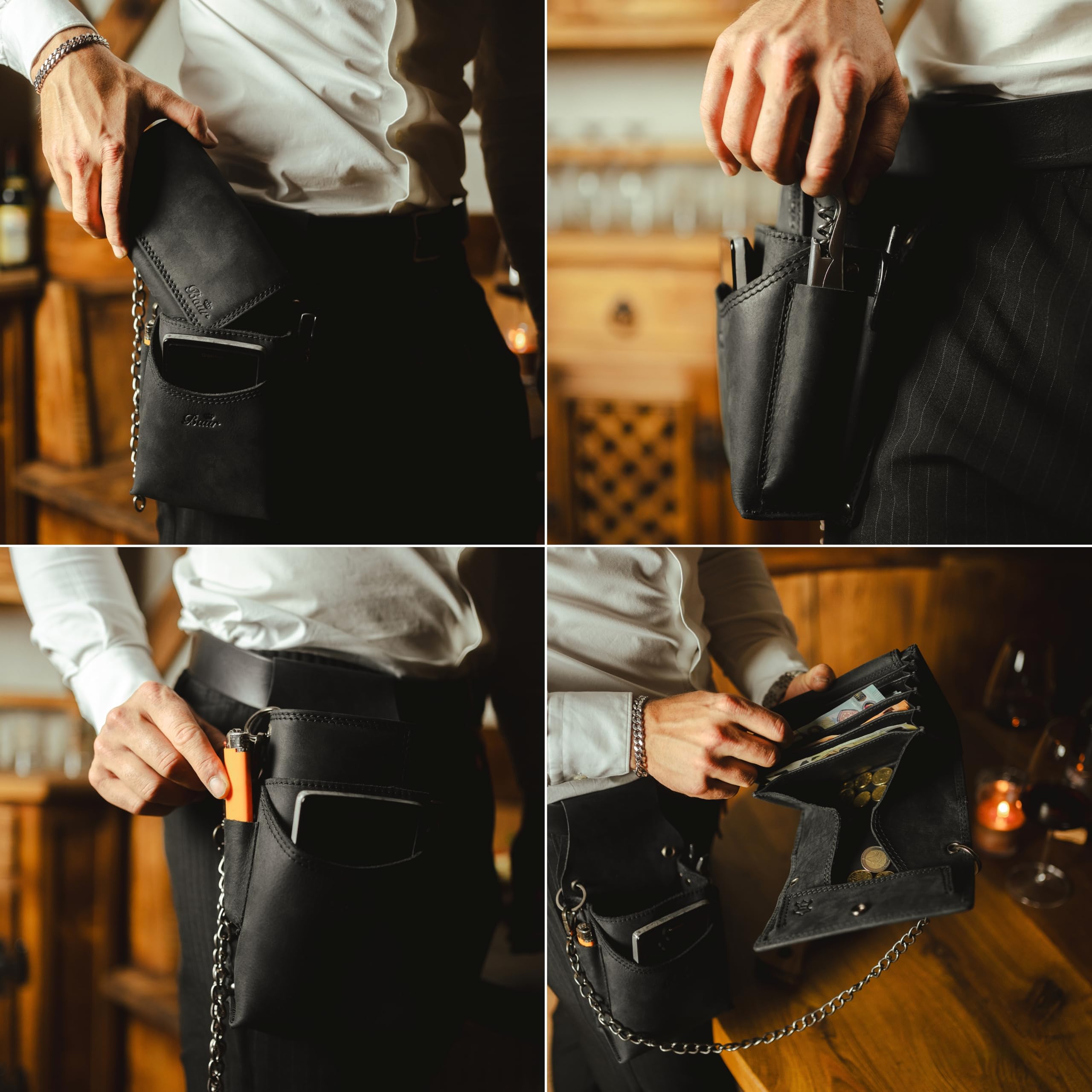 Baur set da cameriere grande in vera pelle di bufalo – portamonete professionale & fondina con catena – portafoglio cassa robusto con fodera in pelle (Set grande con bottone a pressione, Nero)