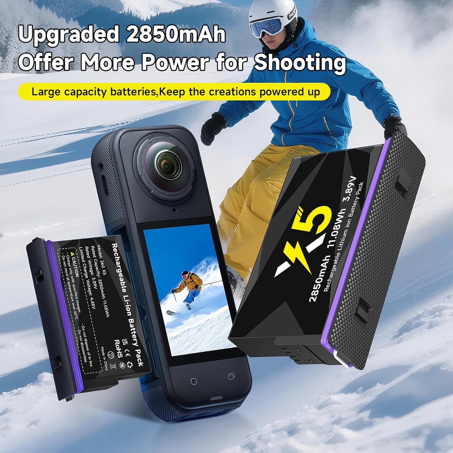 3 Pack 360 X5 Battery, 2850mAh Upgraded Capacity Rechargeable Lithium Battery Replacememnt Compatible with Insta360 X5 Action Camera Accessory - Storage Case Included