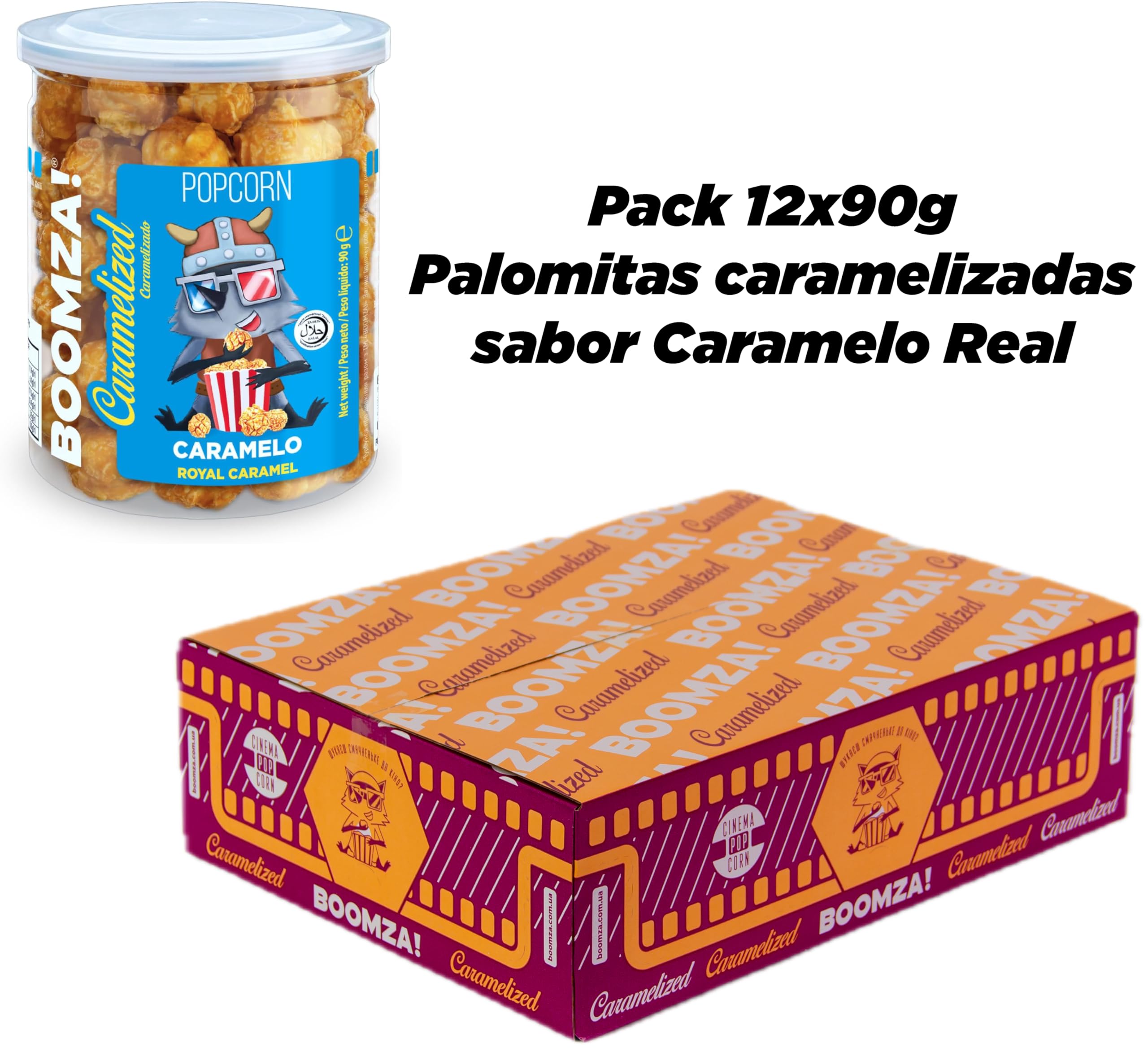 BOOMZA – Pack 12x90 g Palomitas caramelizadas Caramelo Real – snack crujiente y dulce, sin GMO, perfecto para fiestas y compartir