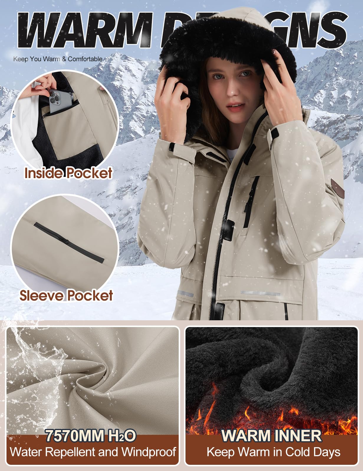 Voqeen Chaqueta de Esquí Invierno para Mujer Termica Abrigo de Nieve Impermeable de Montaña Forro Polar Antiviento Cazadora con Capucha