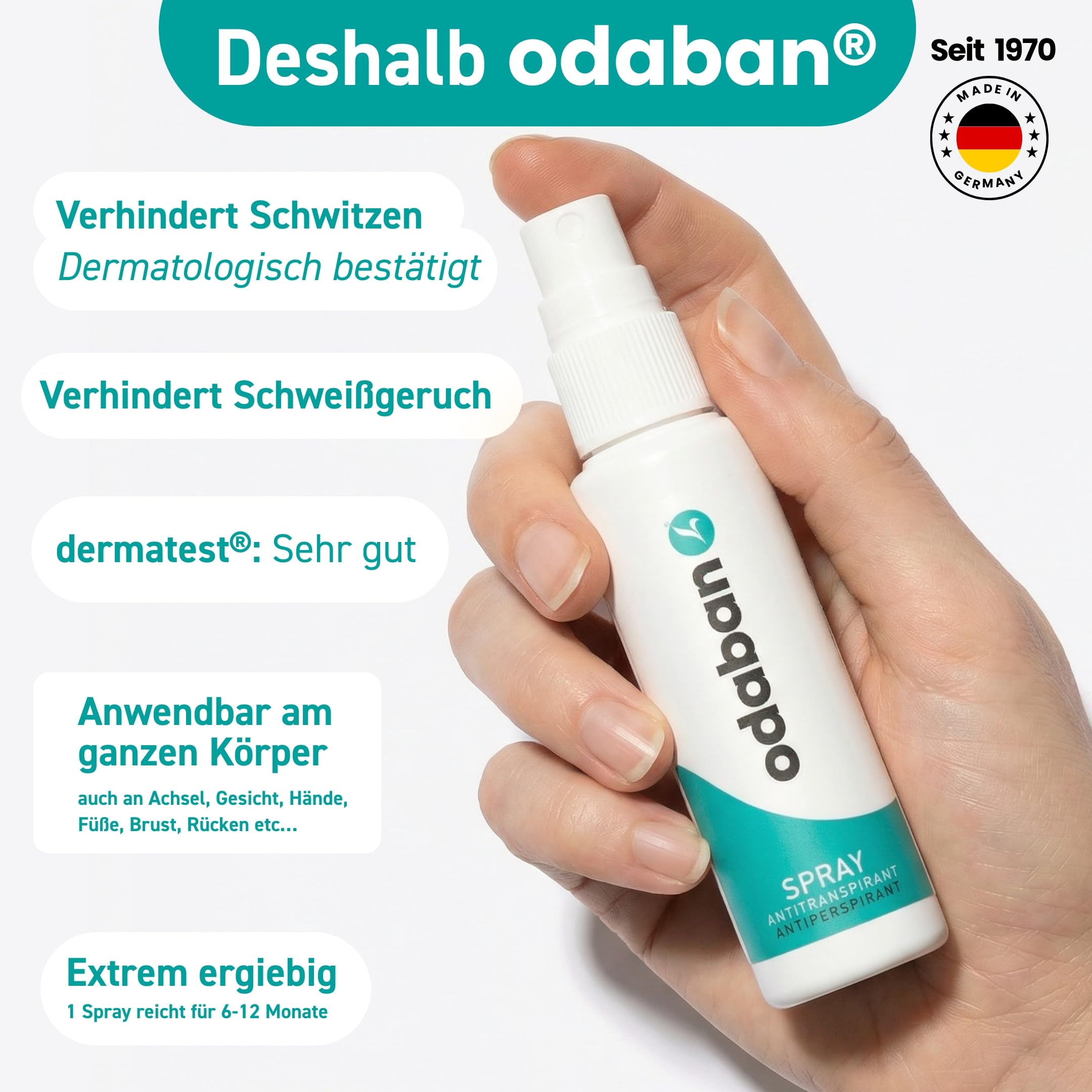 odaban® Set con spray sin perfume 30 ml y polvo para pies de menta 50 g | Spray corporal sin perfume de 30 ml y polvo de 50 g para pies y calzado, formatos complementarios para cuerpo y pies