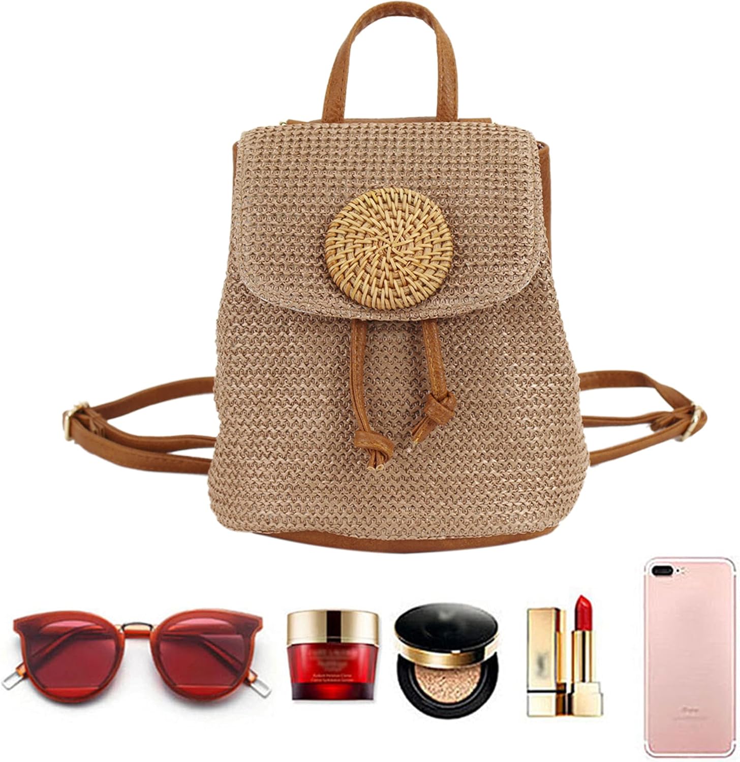 Women Mini Straw Woven Backpack Flap Drawstring Daypack Cross-body Bag Bucket Bag - Image 5