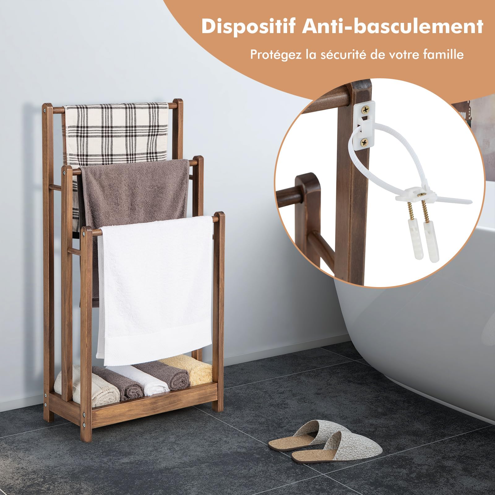 COSTWAY Porte-Serviettes sur Pied en Bois, 3 Barres et Étagère de Rangement Inférieure, Dispositif Anti-Renversement, Support Serviette pour Salle de Bain, Buanderie, 22 x 45 x 86 cm, Marron