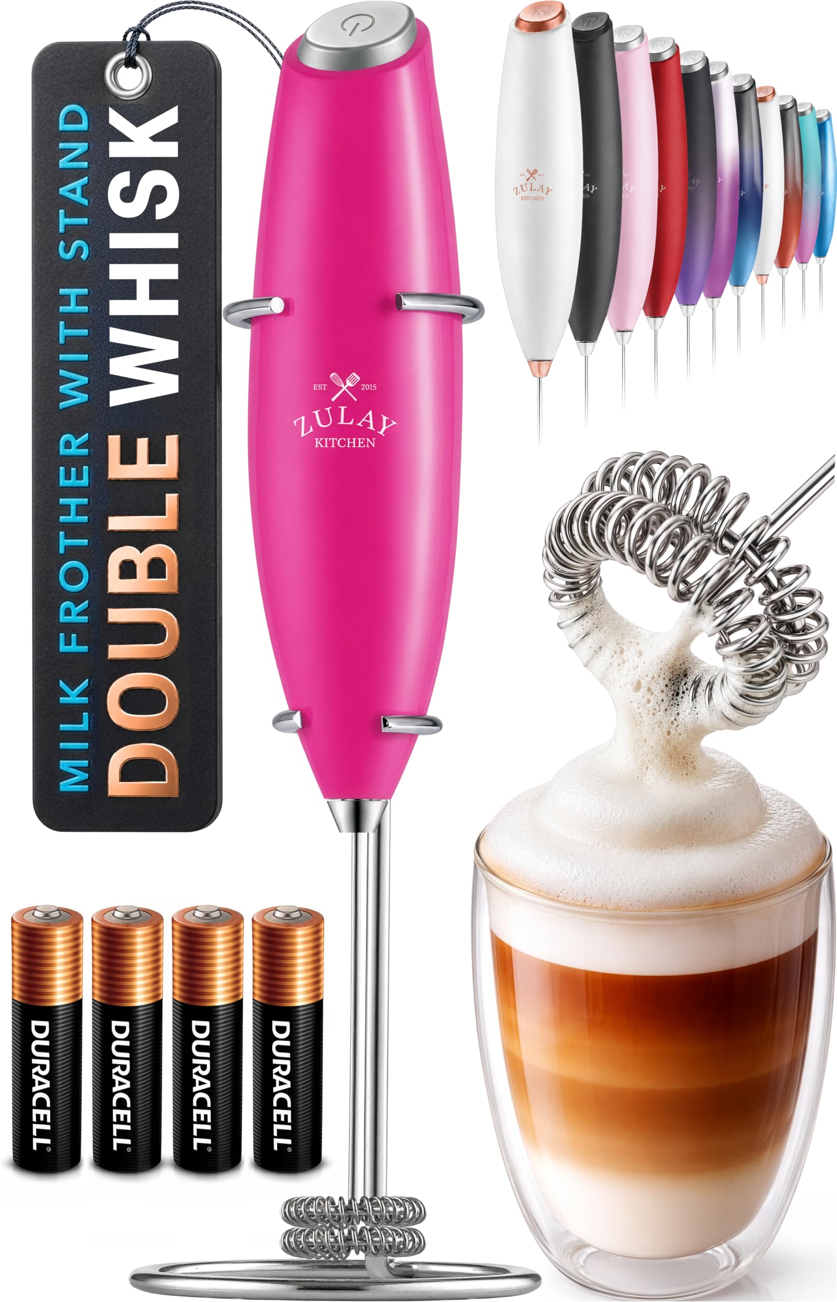 Zulay Kitchen Powerful Milk Frother Wand With Duracell Batteries - Ultra Fast Handheld Drink Mixer - Electric Whisk Foam Maker for Coffee, Lattes, Cappuccino & Matcha - Double Whisk - Dragonfruit Tropical Dragonfruit Double Whisk + Batteries
