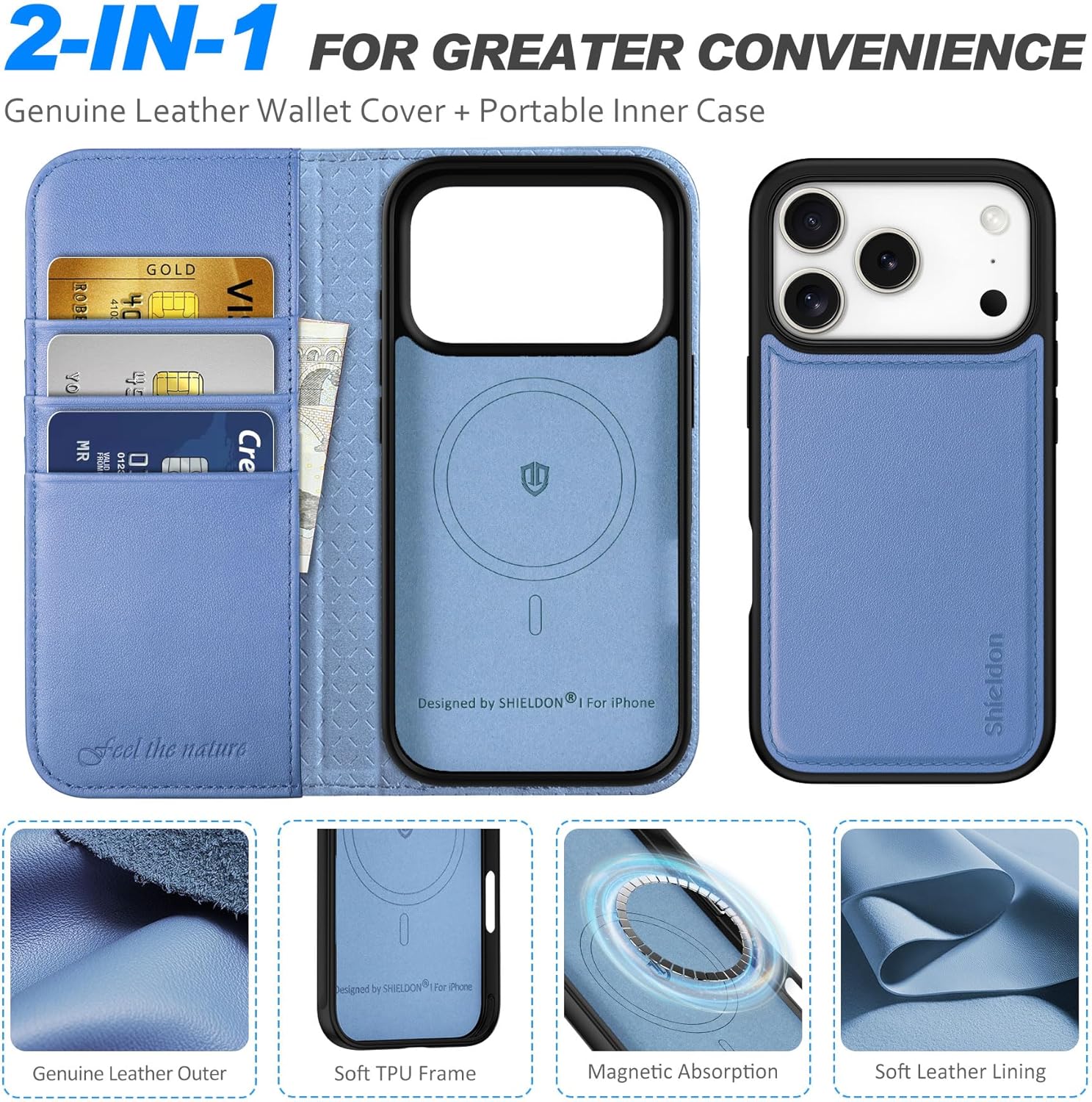 SHIELDON Detachable Genuine Leather Wallet Case for iPhone 17 Pro 6.3" | Wireless Charging, Flip Magnetic Closure, RFID Blocking Credit Card Holder, Kickstand, Shockproof - Wisteria Purple