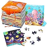 SANNIX 12 Pack Wooden Jigsaw Puzzles with 12 Organize Bags, Ocean and Space Toddlers Puzzles for Kids Ages 3 4 5, Party Favors Educational Learning Travel Toys for Boys Girls