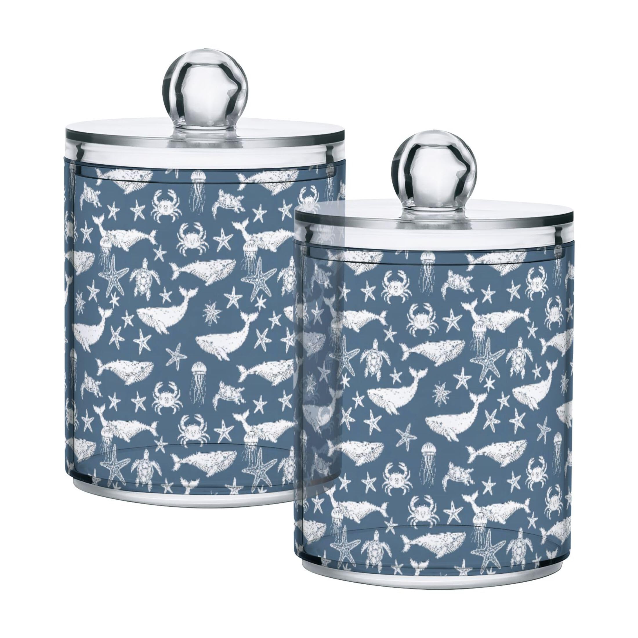 Fuauuyl Whale Crab Starfish Qtip Holder Dispenser 2 Pack Plastic Apothecary Jar Storage Organization Bathroom Vanity Makeup Storage Organization For Cotton Ball Swab Pad
