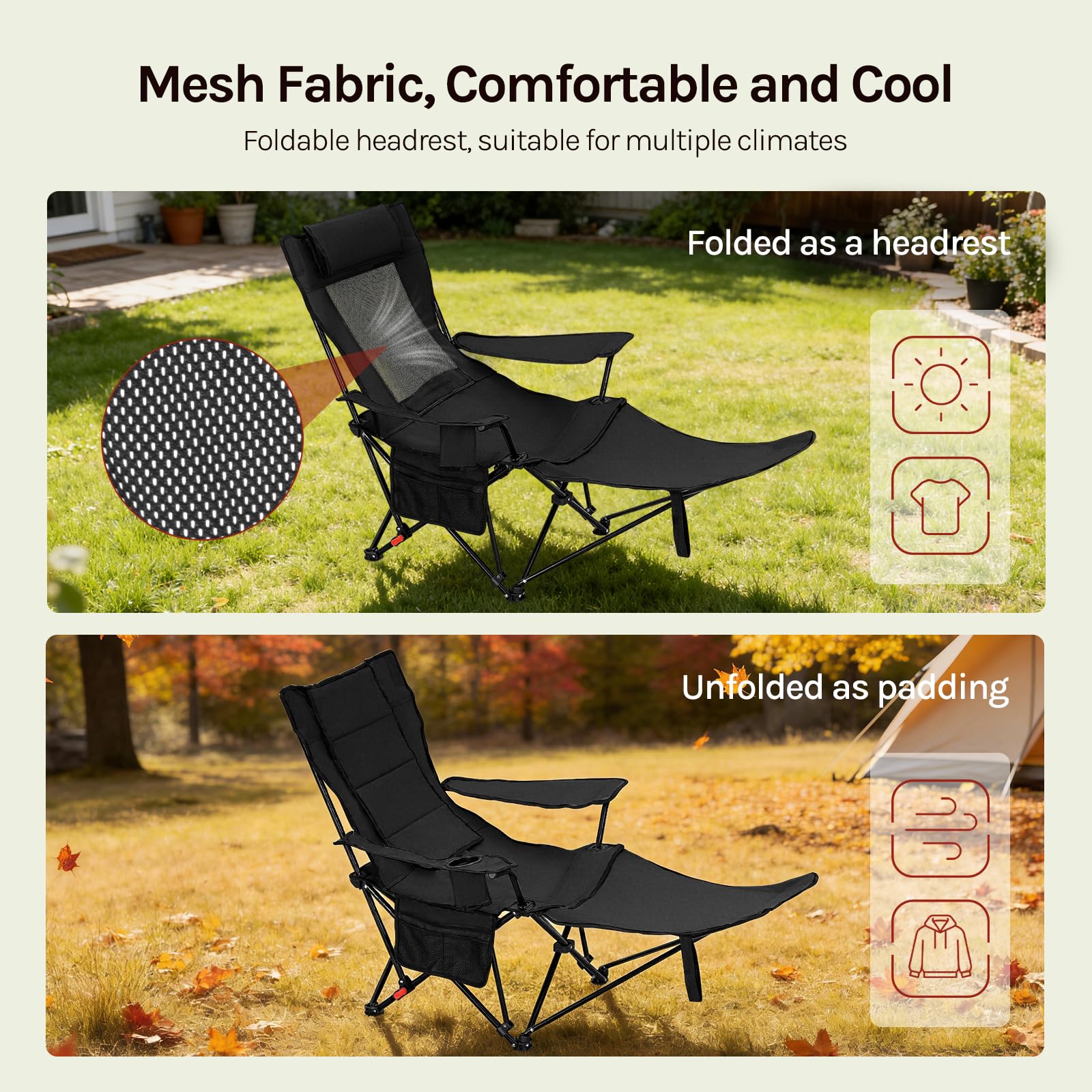 WOLTU Set di 2 Sedie Pieghevoli, Sdraio da Giardino, Regolabili in 3 Posizioni, Supporta 150 kg, con Portabicchieri, Tasca Laterale, Poggiapiedi, per Campeggio, Pesca, Spiaggia, Nero