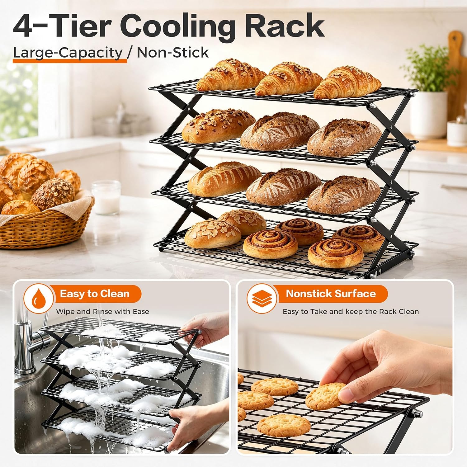 P&P CHEF 4 Tier Collapsible Cooling Racks, Stackable Bakers Rack,Black