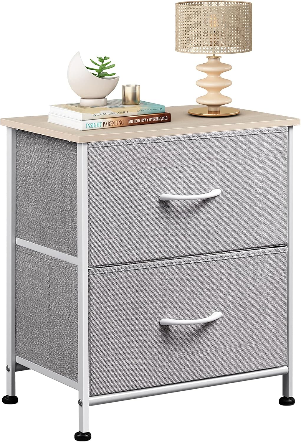 WLIVE Nightstand, 2 Drawer Dresser for Bedroom, Small Dresser with 2 Drawers, Bedside Furniture, Night Stand, End Table with Fabric Bins for Bedroom, Closet, Nursery, College Dorm, Light Grey