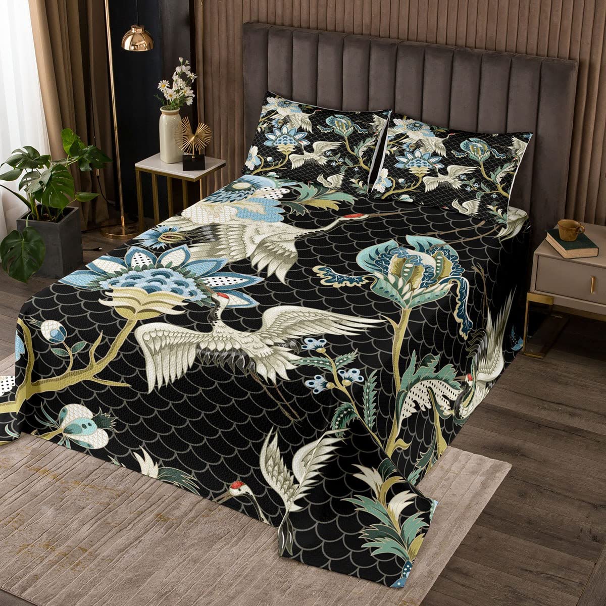 Cranes Quilted Coverlet Set Japanese Ukiyoe Quilted Bedspread for Kids Boys Girls Branch Fish Scales Japanese Exotic Style Room 2Pcs Single Size