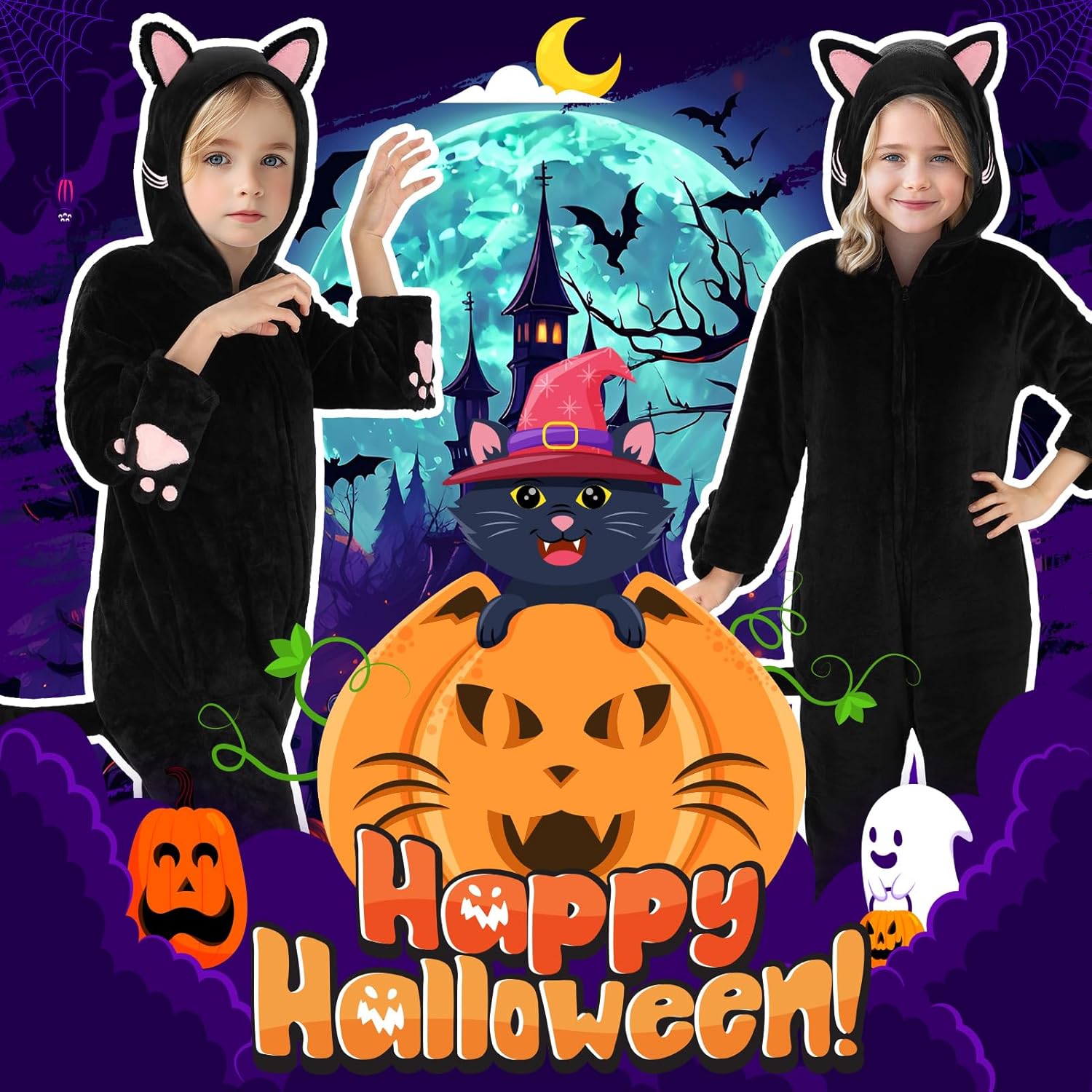 Joycover Cat Costume For Girls, Black Cat Costume For Girls Kids Dress Up, Onesie Cat Noir, Role Play Halloween Costumes - Image 6