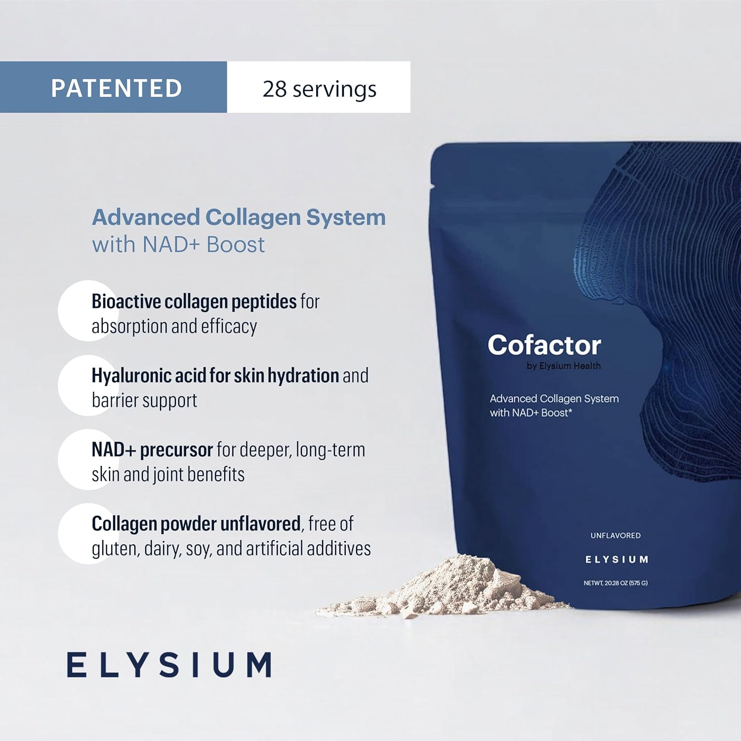ELYSIUM Cofactor – 4-in-1 Collagen Peptides Powder w/NAD+, Hyaluronic Acid & Vitamin C for Skin, Hair, Nails, Joints & Cellular Health, Collagen Supplements for Men & Women – Unflavored, 28 Servings - Image 3