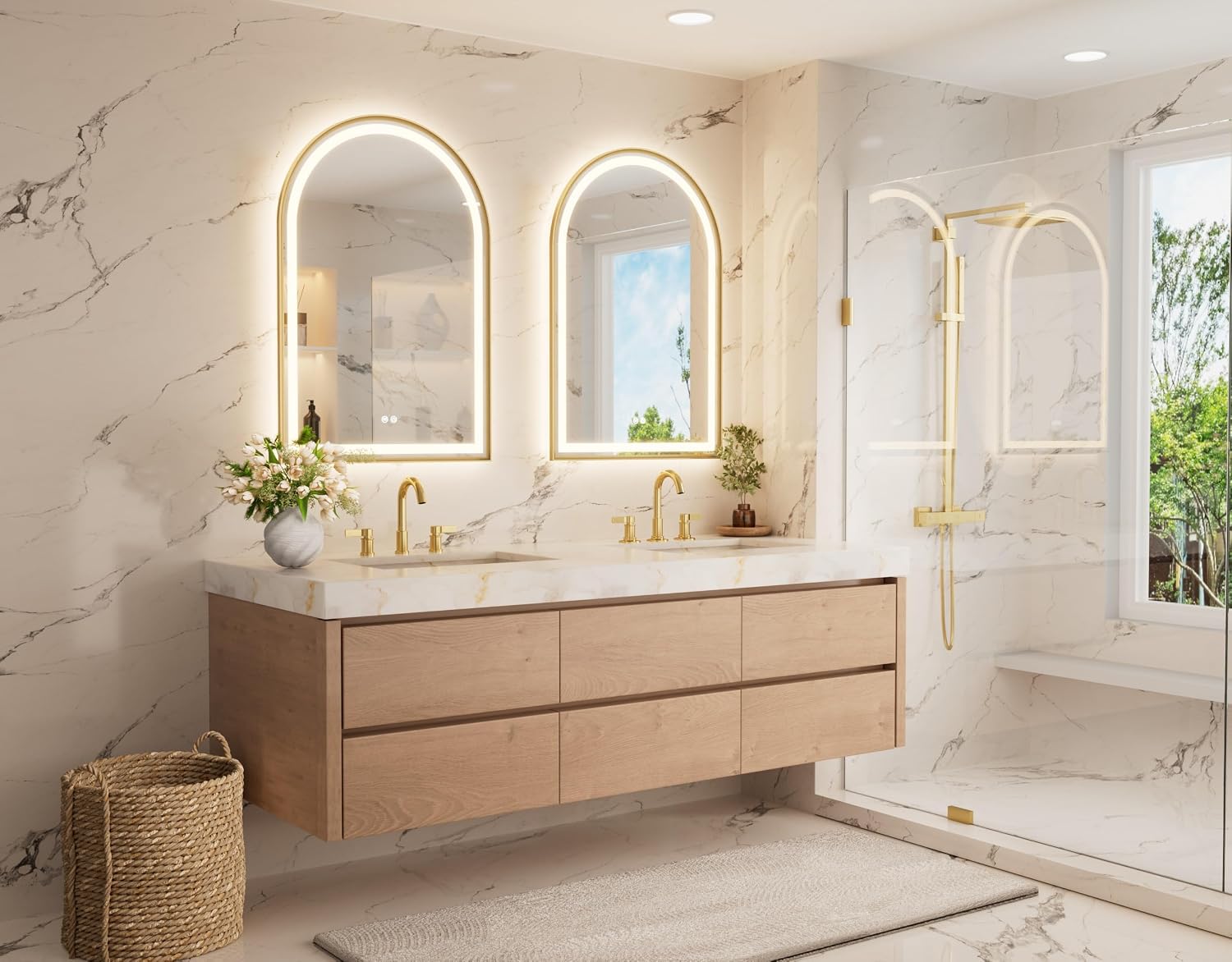 Keonjinn 24x36 Inch Gold Arched LED Bathroom Mirror, Frontlit & Backlit
