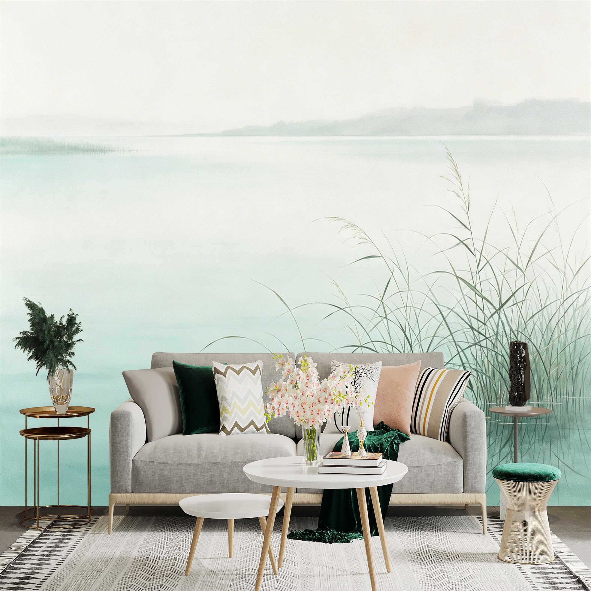 Lnzczhyre Dbh260521845 Custom Size Wall Sticker Mural， Misty Lake With Reeds， Minimalist Nature Scenery， Calm Water Surface， Serene Morning Landscape， For Wall Decoration， Peelandstick Wall Decals.