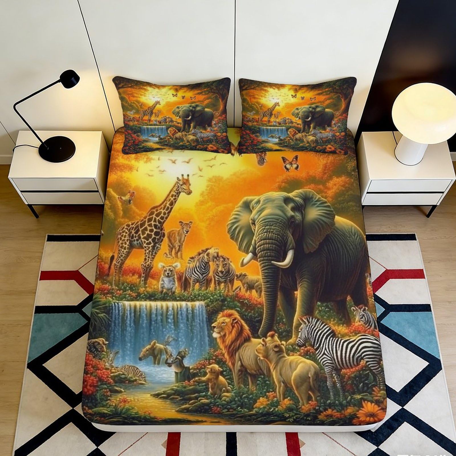 3D Printed African Wildlife Fitted Sheet Microfiber Soft Durable 3D Printed Safari Animals Bed Cover for Bedroom Dormitory Guest Room Decor Protection 160x200x25cm