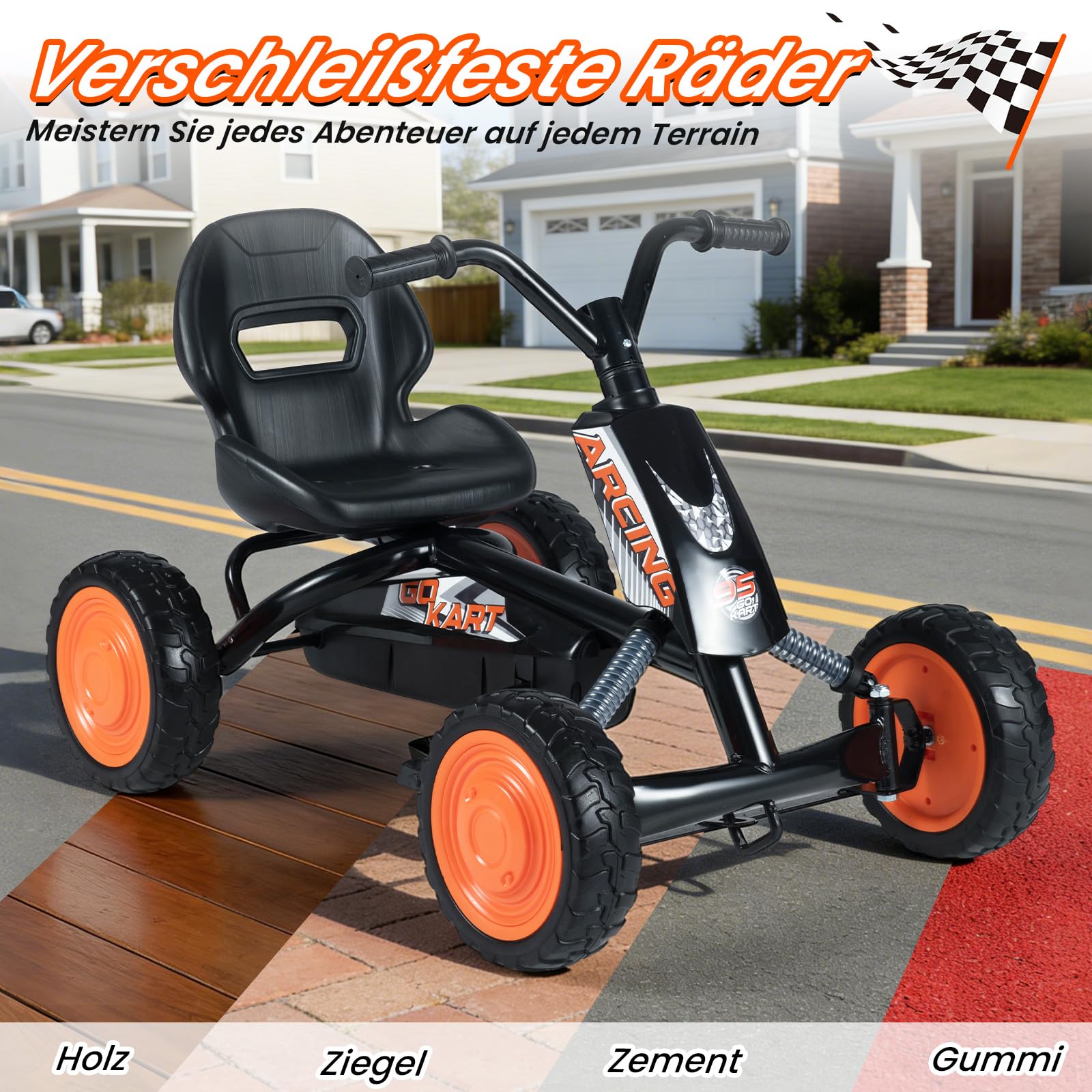 COSTWAY Kinder Gokart mit Pedal, Go Kart mit verstellbarem Sitz, Vor- & Rückwärtsgang, Tretauto bis 30 kg belastbar, Tretfahrzeug Outdoor mit Reifen für Jungen & Mädchen ab 3 Jahren (Schwarz)