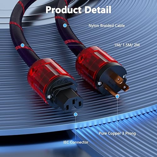 Miniatura 5 de Monosaudio Cable de alimentación de audio de cobre puro de 125 V, 15 A, cable de alimentación de alta fidelidad, mangas trenzadas, línea de