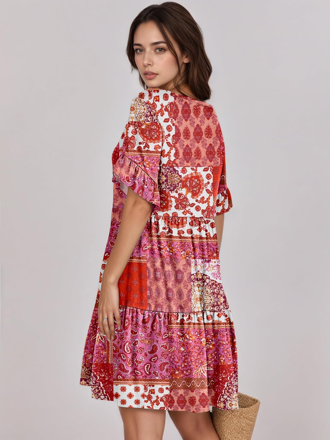 Summer Dresses for Women 2026 Loose V Neck Ruffle Sleeve Tiered Flowy Casual A Line Mini Beach Dress with Pockets - Image 4