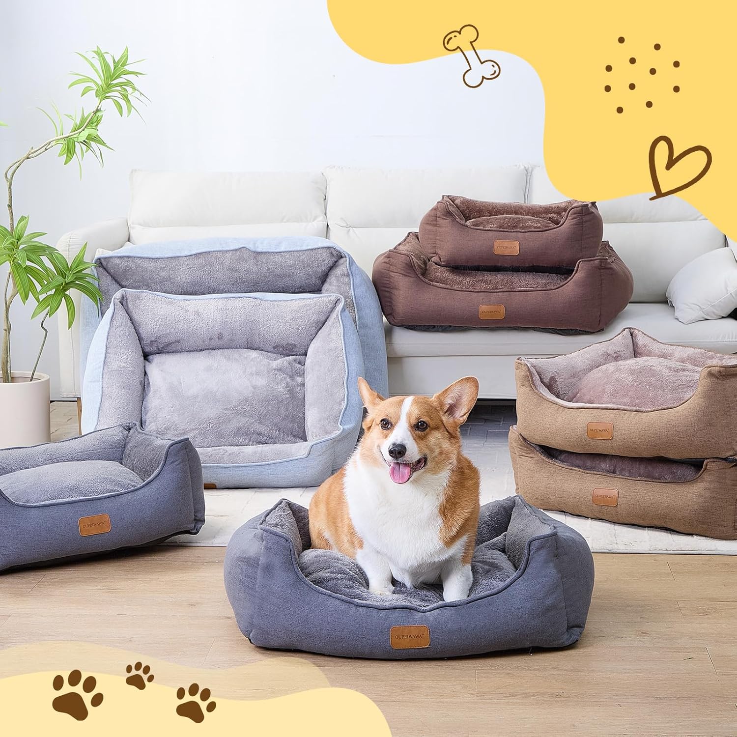 Rectangle Dog Bed for Large Medium Small Dogs Washable Pet Bed with Bolster Sides Non-Slip Bottom Pet Sofa Waterproof Lining Durable Pet Cuddler, Sky Blue, 33x 26x 7.5