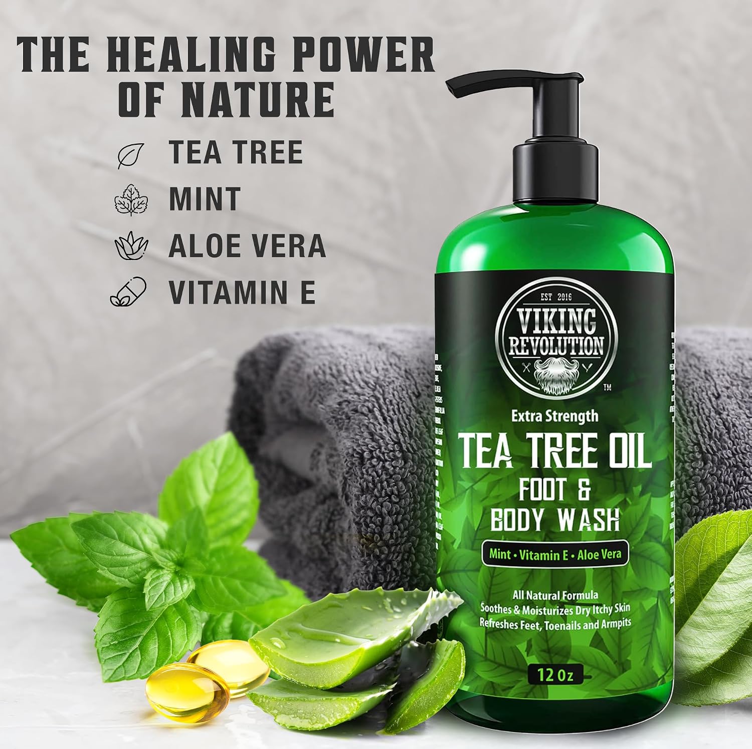 Viking Revolution Tea Tree Body Wash Soap for Men - Helps Athlete's Foot, Jock Itch, Eczema & Body Odors - Extra Strength Tea Tree Oil Men's Body and Foot Wash
