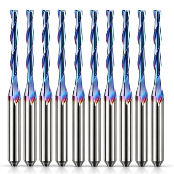 HQMaster 1/8" Shank CNC Router Bits 2 Flute Upcut CNC Bit End Mill 10pcs | Nano Blue Coated Tungsten Carbide Spiral Endmill for Wood PVC MDF Hardwood, 0.08" CED x 1/8" SD x 11/16" CEL x 1-1/2"OA