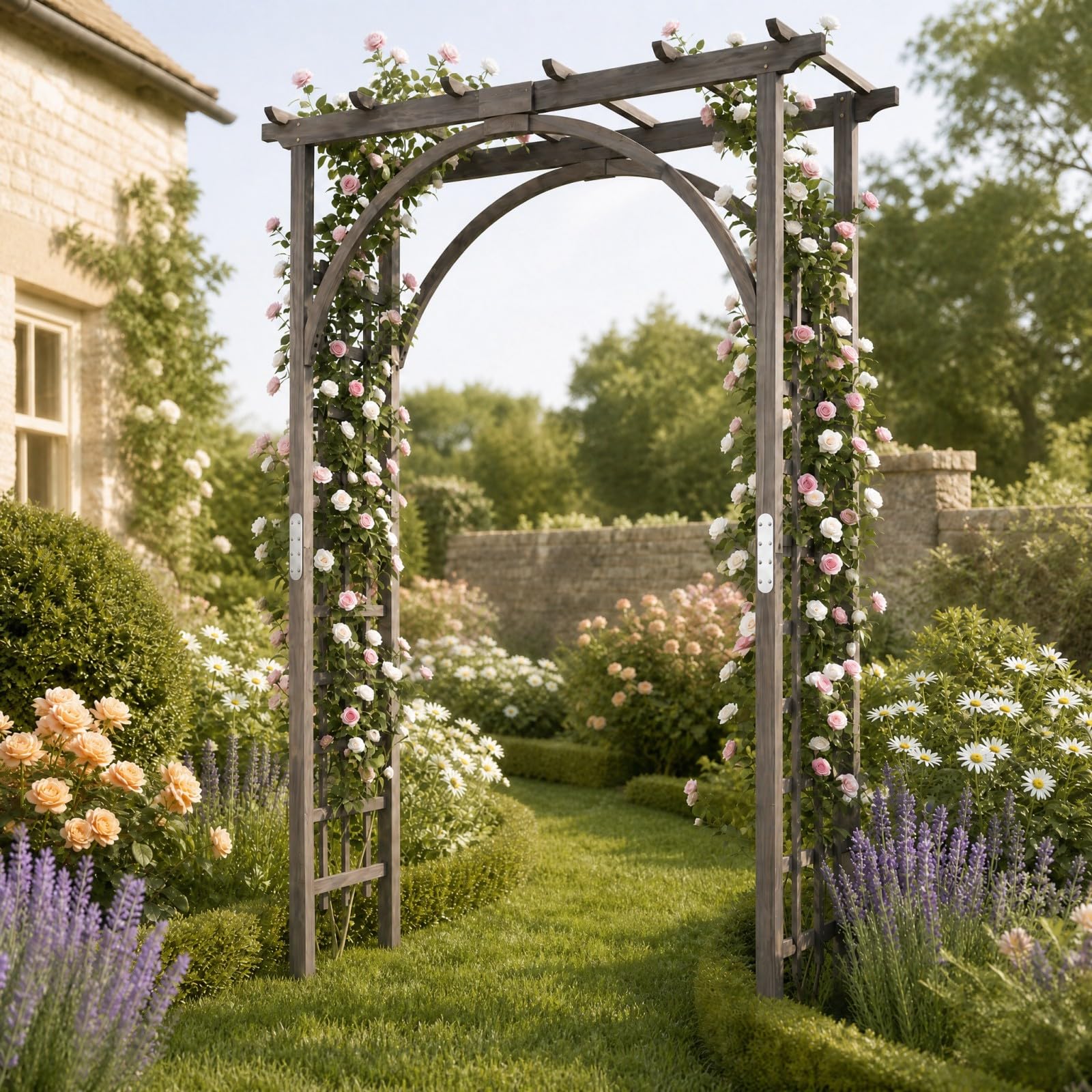 GYMAX Arche de Jardin en Bois pour Roses, Support pour Plantes Grimpantes | Arceau Décorative Extérieure à Sommet Plat, Structure Renforcée, pour Mariage Fête Pelouse et Arrière-Cour, 160x60x216cm