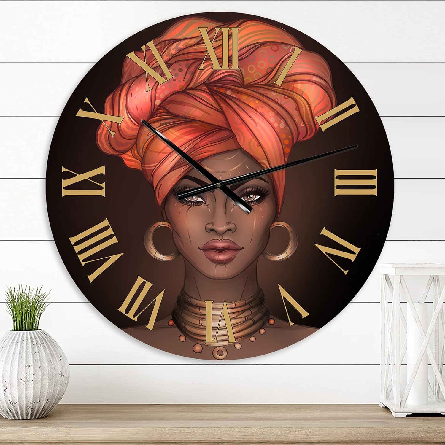 Modern Wall Clock 'African American Woman with Turban V' People Large Wall Clock for Bedroom Decor