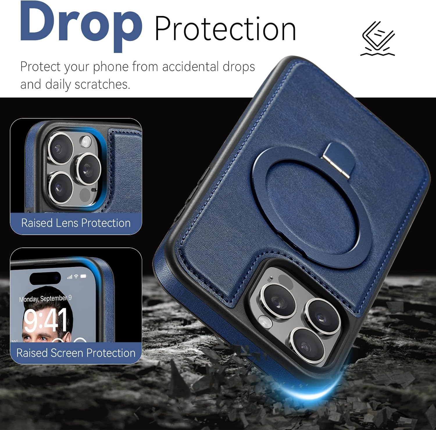 Compatible with iPhone 14 Pro Max Case with Stand, Compatible with MagSafe, Slim PU Leather & Durable TPU Protective Cover Drop-Proof with Tempered Glass Screen Protector 6.7", Blue