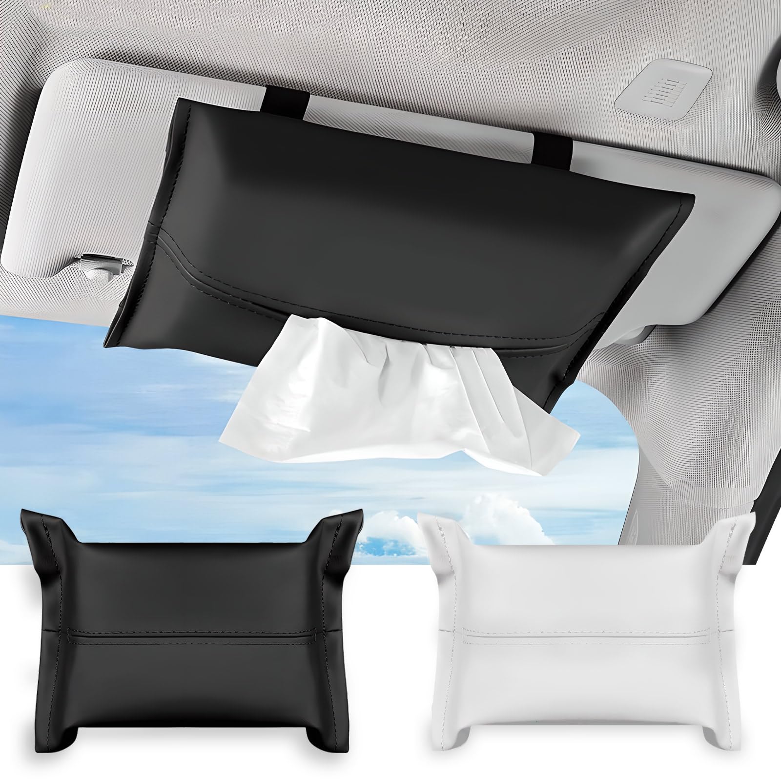 Modixun Black+White 2Pcs Car Tissue Holder, Soft Pu Leather Sun Visor Tissue Holder In Car, Car Napkin Holder Dispenser For Car Tissues Car Accessories (Black+White)