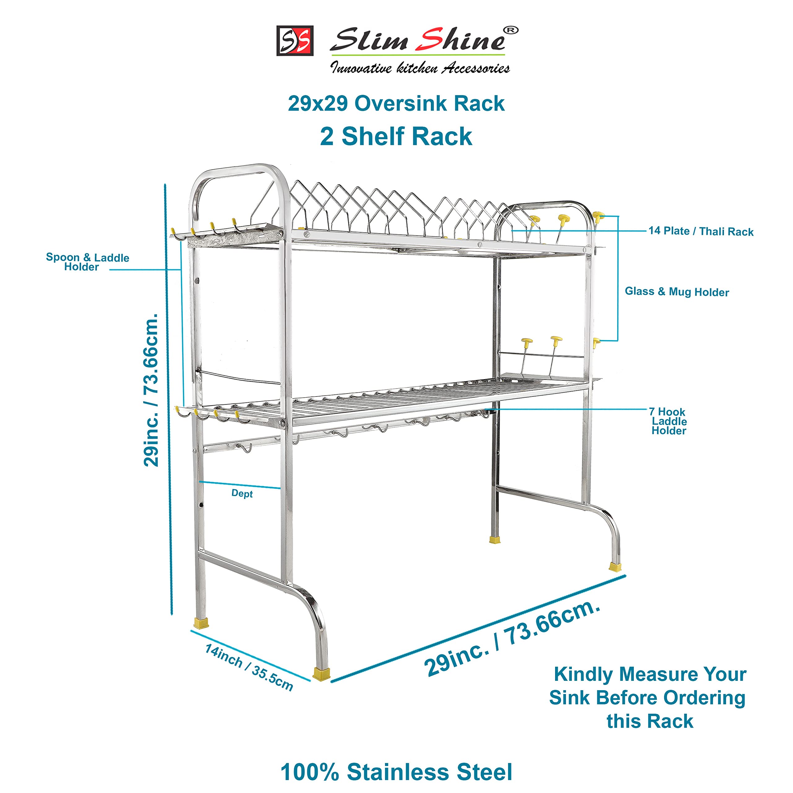 OSE Stainless Steel Over The Sink Dish Drying Rack | 2-Tier Utensil Holder for Kitchen | Counter Top Sink Standing Shelf for Organize Kitchen (29 X 29) INCH - Image 3 thumbnail
