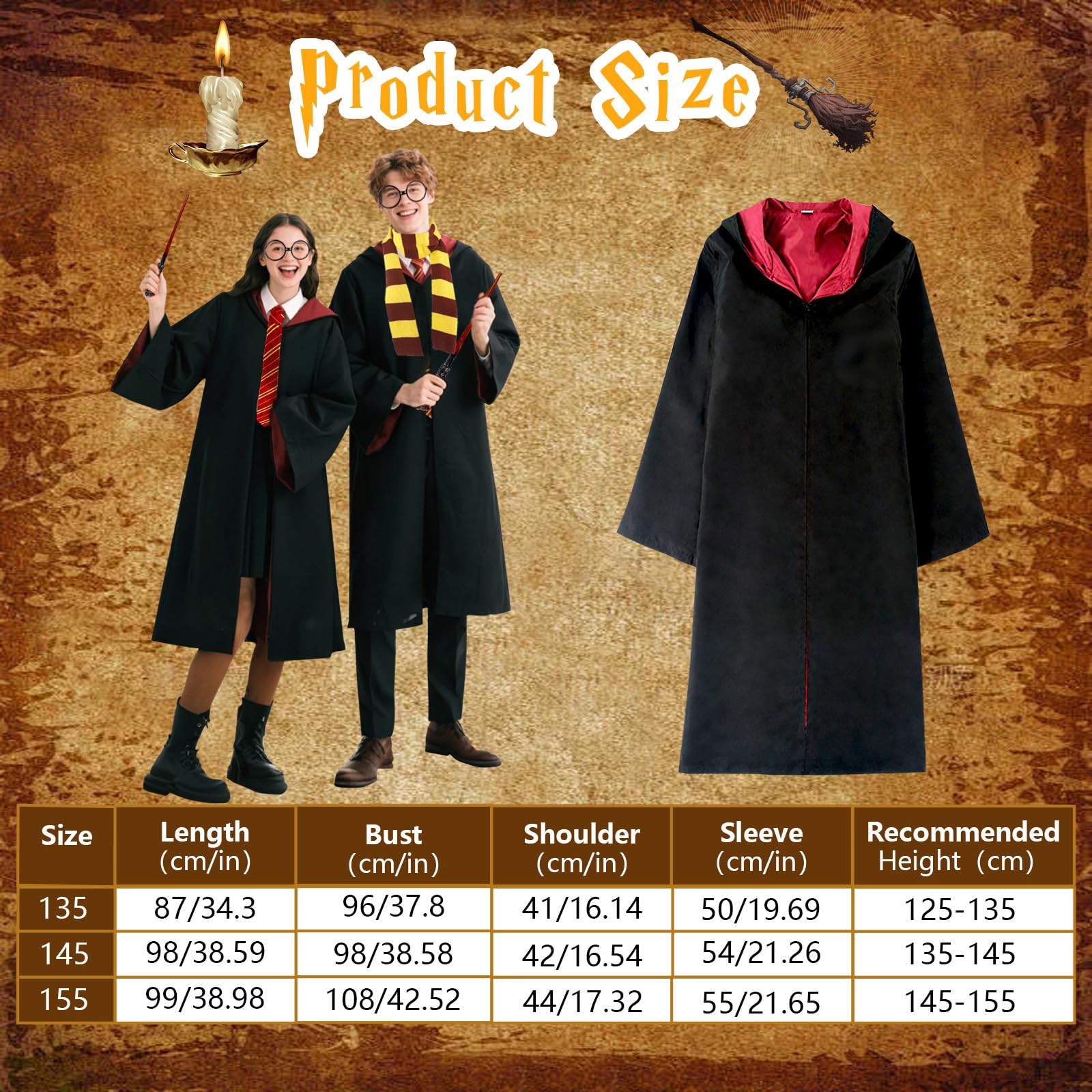 yumcute Magic Costume Cosplay Set for Kids Wizard Robe Outfits with Wand Scarf Tie Glasses Accessories Boys Girls Magician Costumes Gifts for Halloween World Book Day Cosplay Fancy Dress Party (155) - Image 2