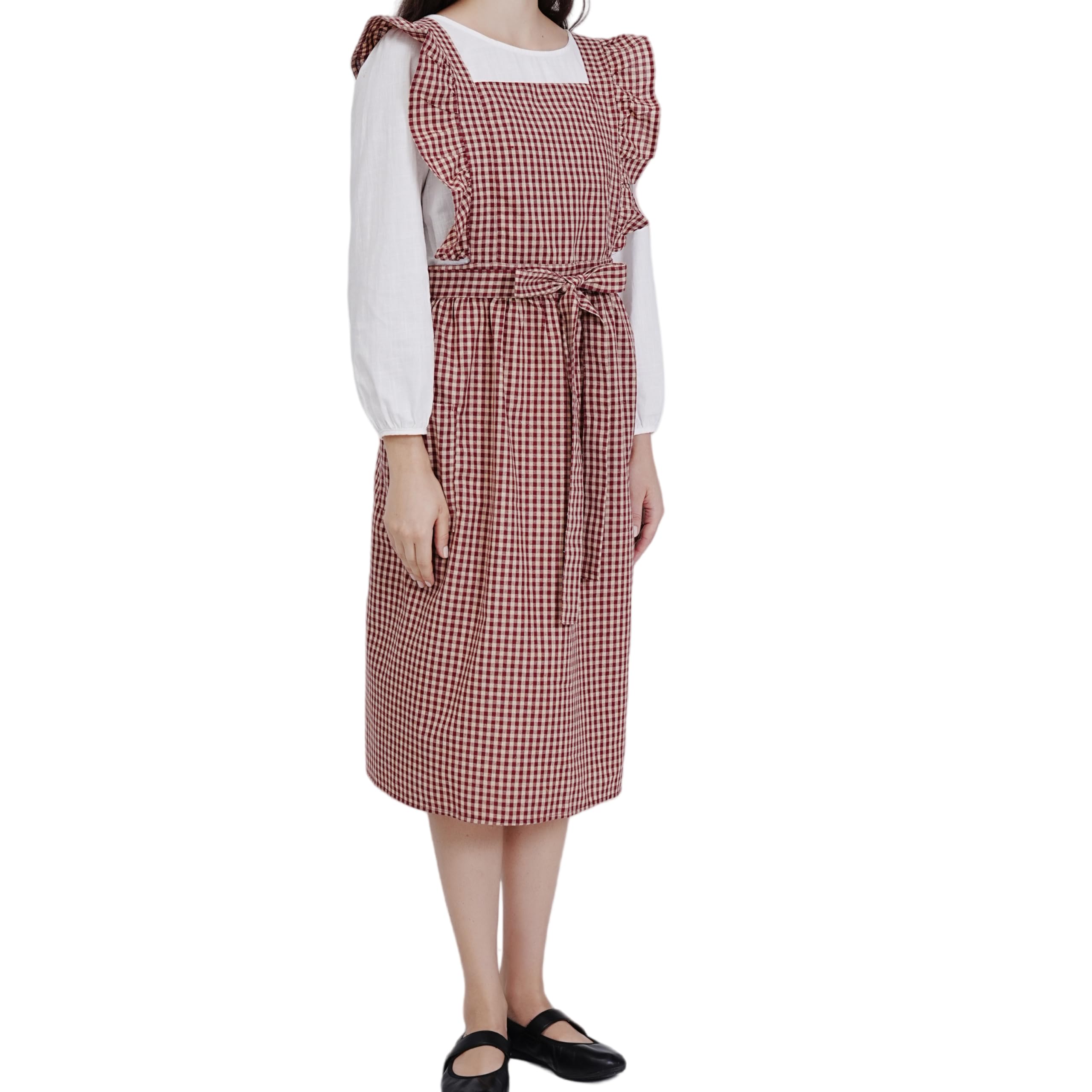 Ruffles Plaid Apron Cute Cotton Large Pleated Lace Up Stain Resistant Cover Up (Red and yellow grids)