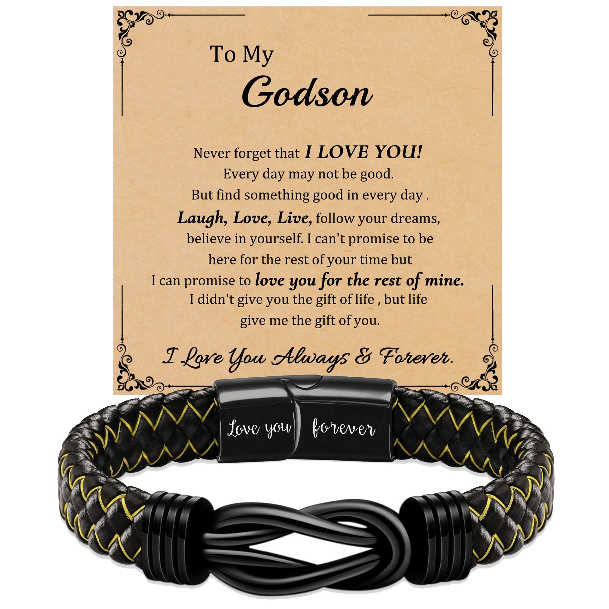 DONYUDE Fathers Day Gifts Leather Bracelet for Men Black Braided Infinity Bracelets for Him Dad Grandson Love You Forever Gift Bracelets for Boyfriend Husband Son 7.5"-9"