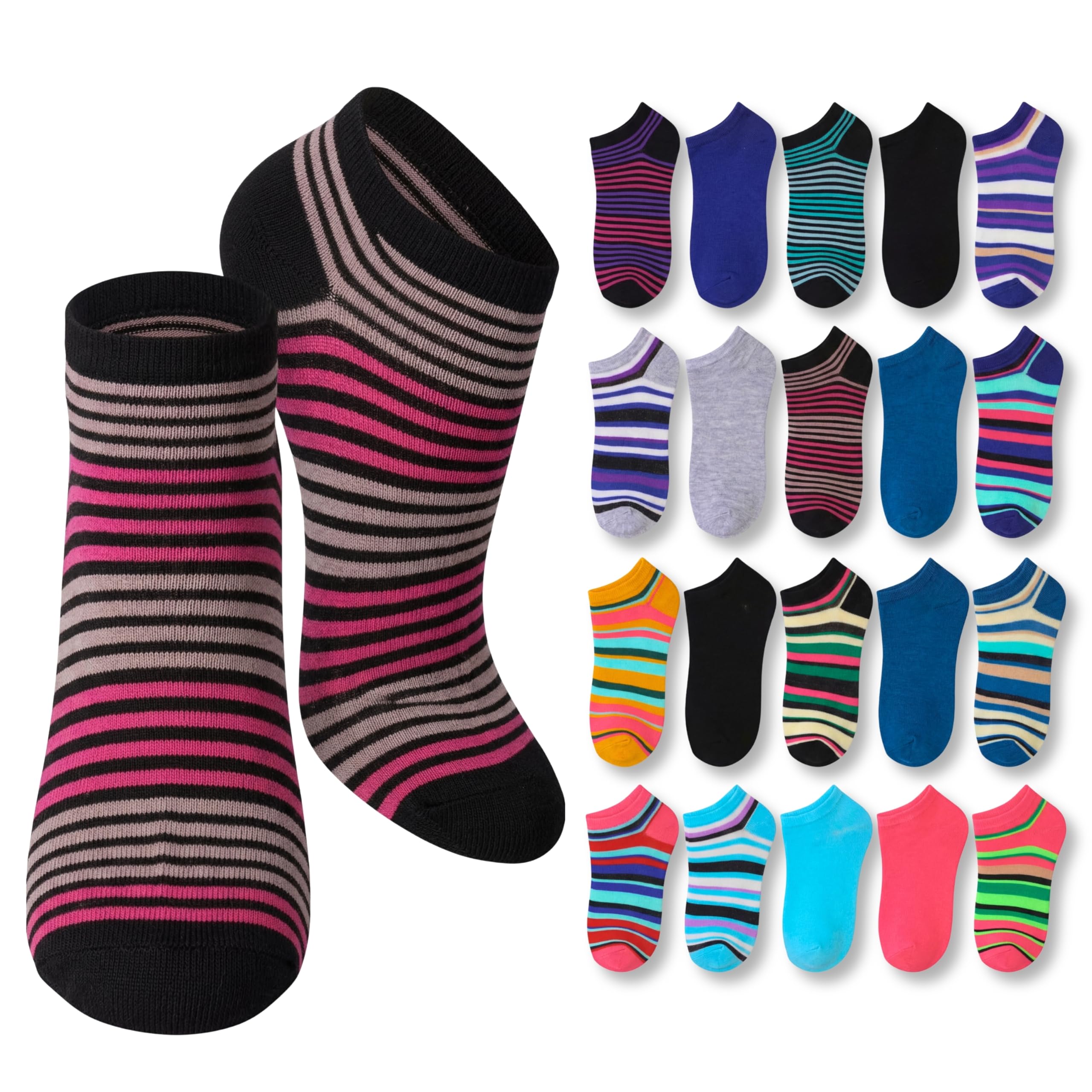Tipi Toe Women’s 20 Pack Colorful Low Cut Socks – Lightweight, Breathable Design for All-Day Comfort Sizes 9-11/10-13