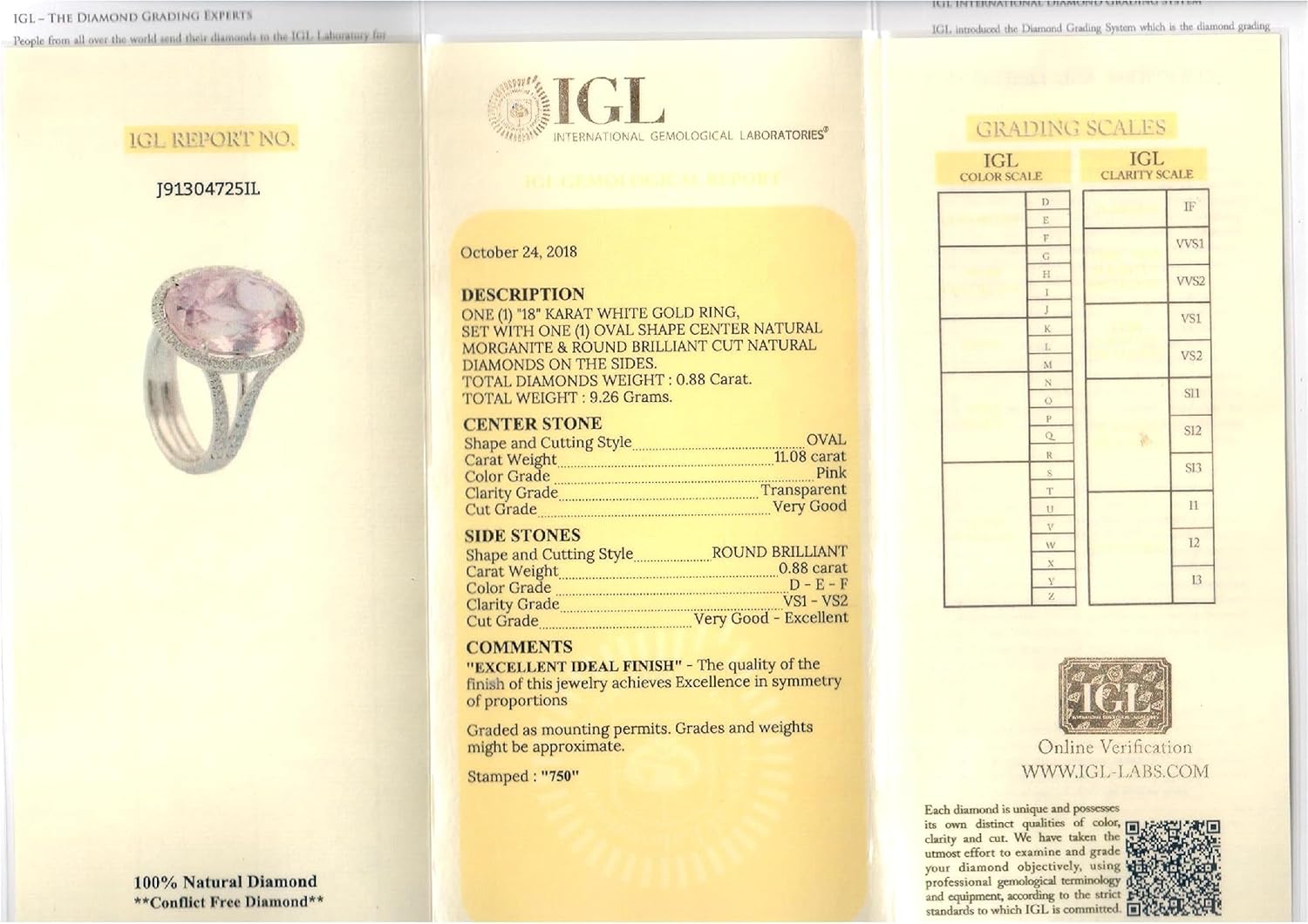 ASTTERIA 11.08 Carat Natural Oval Shape Pink Morganite Set In 18k White Gold Ring - IGL Certified Adjustable and Resizable