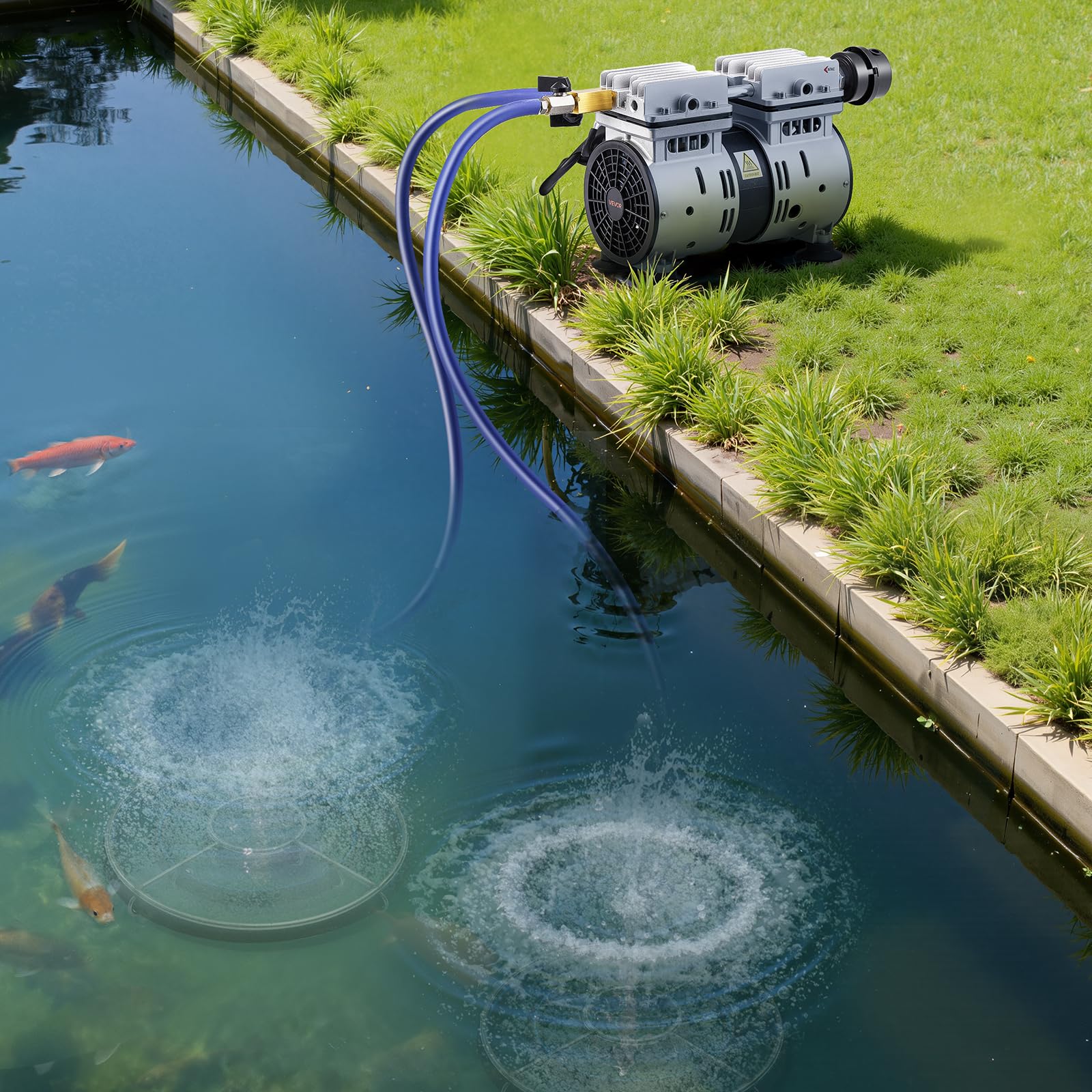 VEVOR Aérateur de Bassin 590 W Système d'Aération Lac de 1,2 hectare Pompe à Air Étang Extérieure pour Circulation Oxygène en Eau Profonde, avec Compresseur Air, 2 Diffuseurs, 2 Tuyaux Lestés 30,5 m