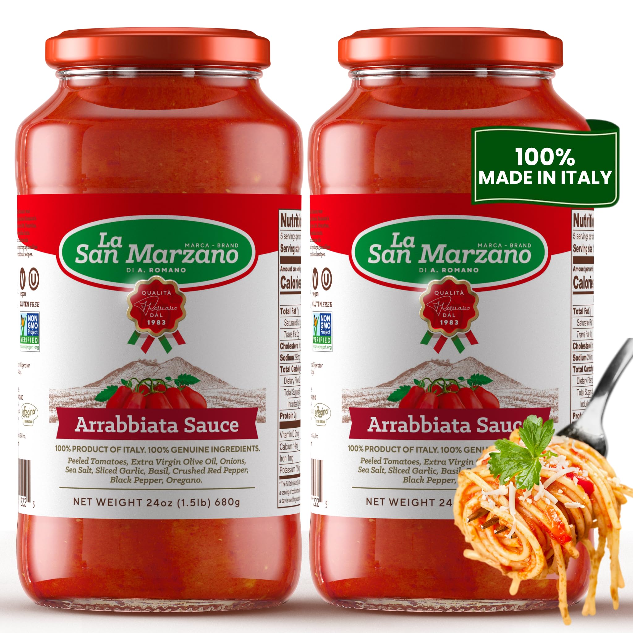 Arrabiata Sauce - Pasta Sauce with 100% Made in Italy - Peeled Tomatoes with Fresh and Natural Ingredients Non-GMO, Vegan, Gluten Free, Kosher, Mediterranean Diet 24 Ounce Jar