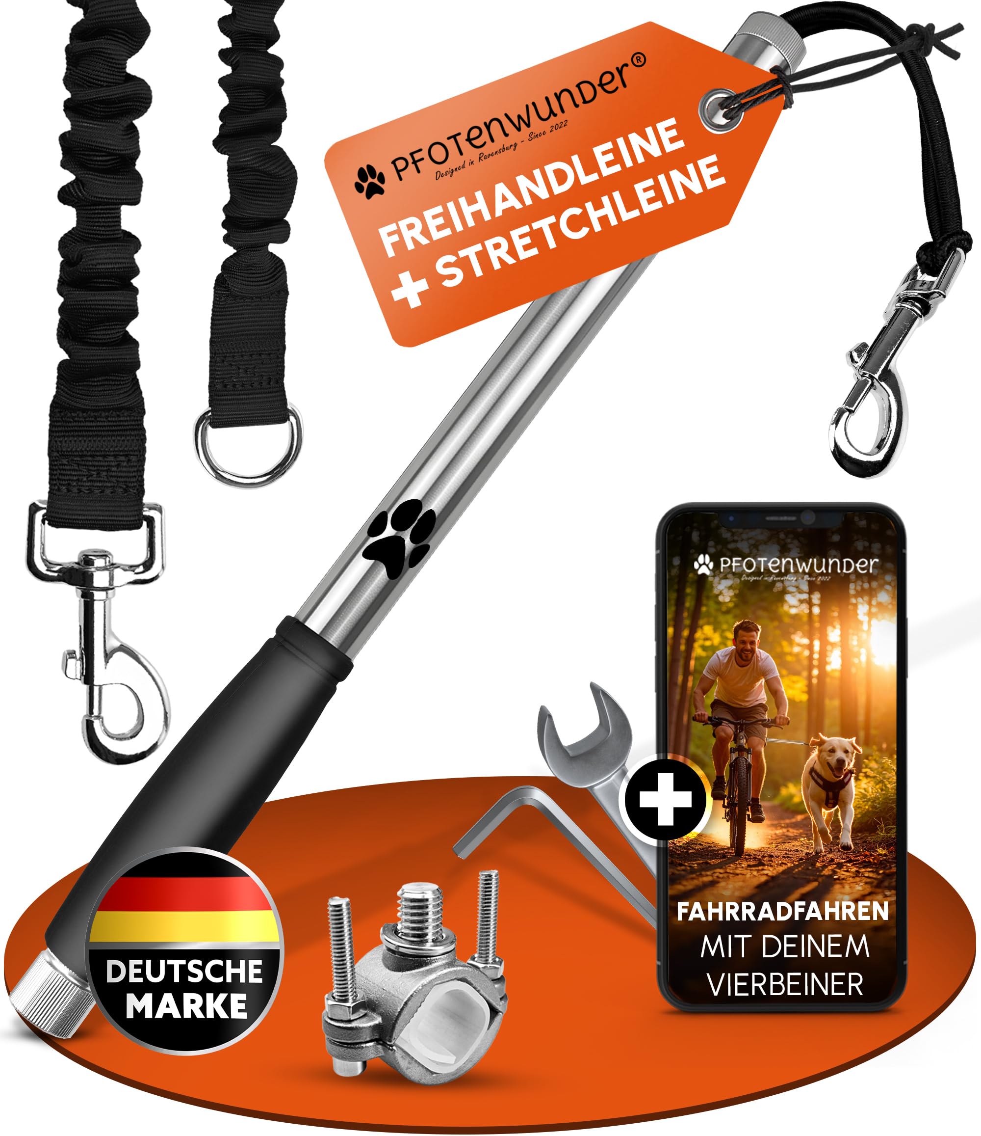 PFOTENWUNDER® Hunde-Fahrradleine + 1 elastische Hundeleine & 1 Trainingsbuch, extra Dicke 6mm-Leine | Abstandhalter Fahrradhalter aus hochwertigem Edelstahl mit Stoßdämpfern