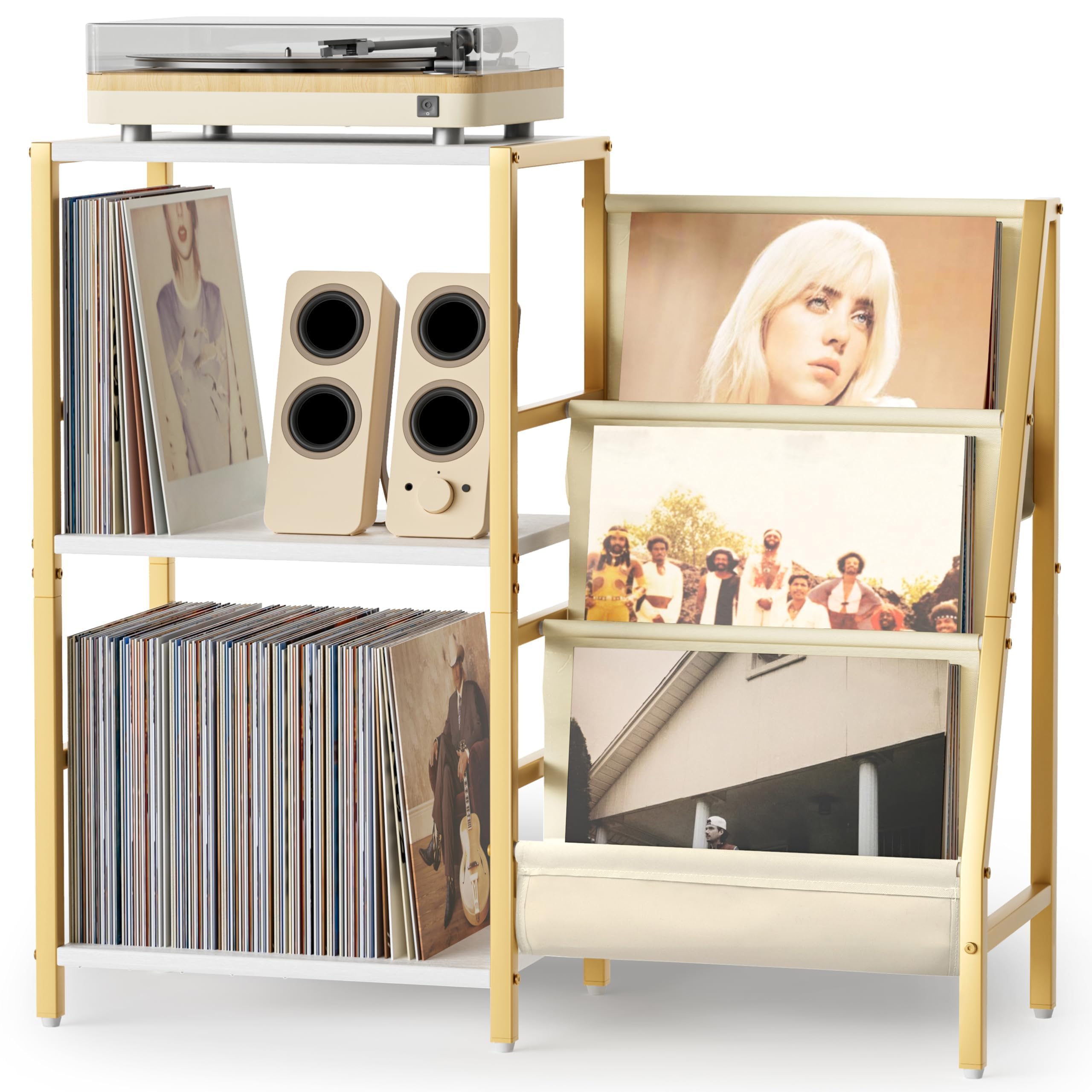 Platenspeler Standaard Eindtafel met 3 Niveaus Opslag voor Vinylplaten Platenspeler Tafel tot 200 Albums, Platenspeler Standaard voor Vnyl Platen, Vinyl Platenhouder Kabinet voor de Woonkamer (Wit
