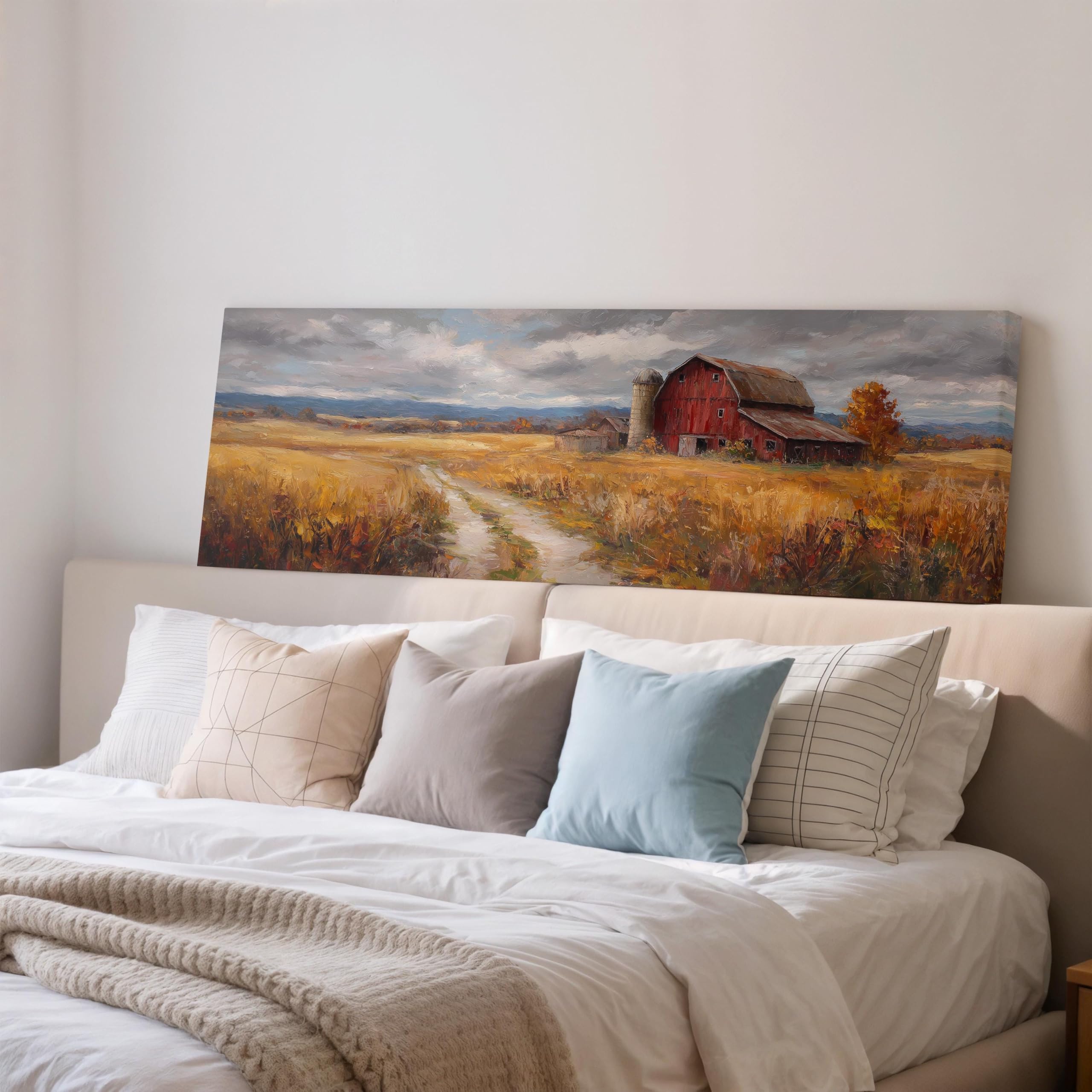 XBTYKPB Red Barn Canvas Art, Wide Panoramic Print, Autumn Farmhouse Long Horizontal Framed Wall Art, Golden Hour Country Painting(20x60cm/Inner Frame)