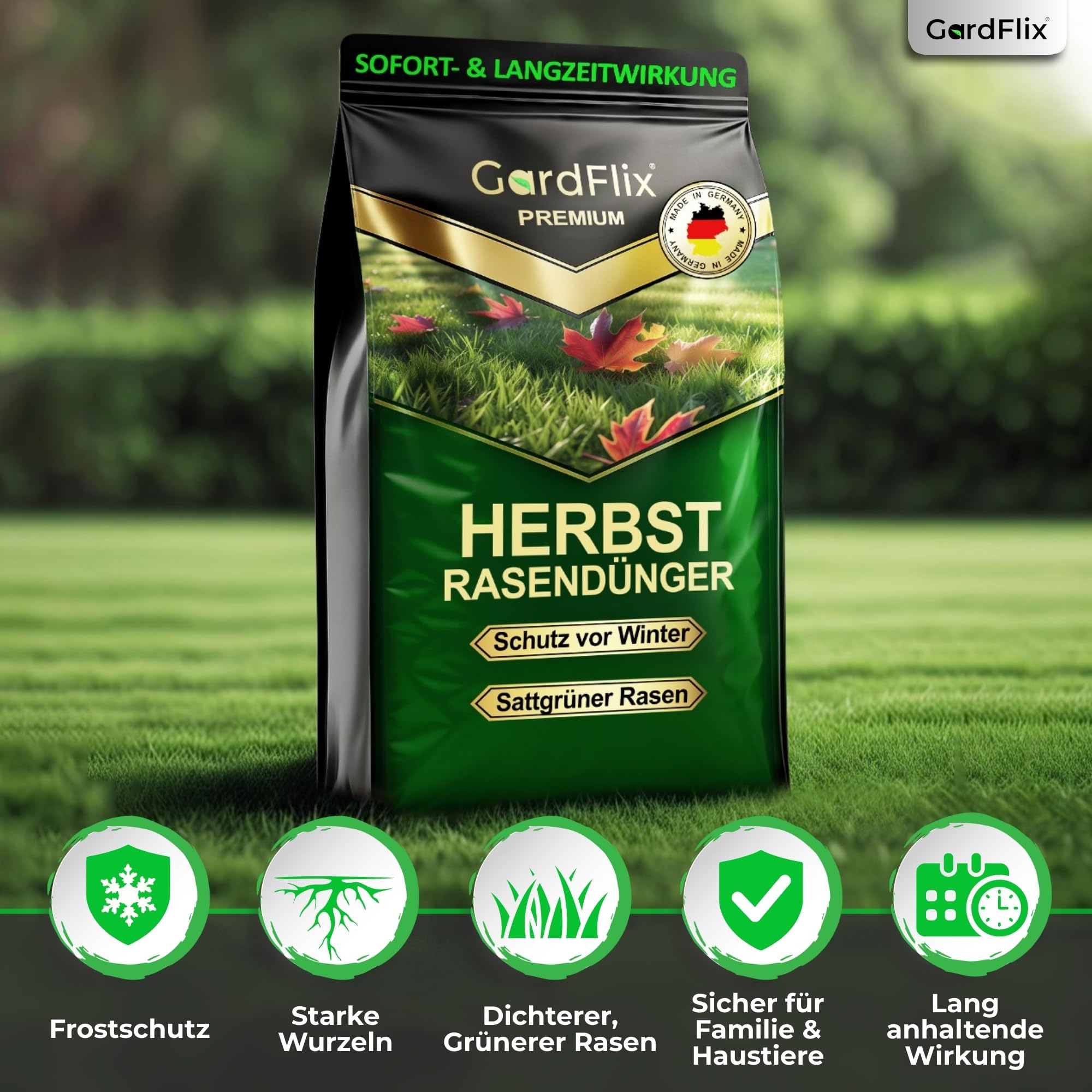 Herbstdünger Rasen Langzeitwirkung (10kg Sack für 500m²) | Rasendünger Herbst verdrängt Moos | Frostschutz & Winterfester Rasen | Staubarmer Granulat für Streuwagen | Sicher für Kind & Tier