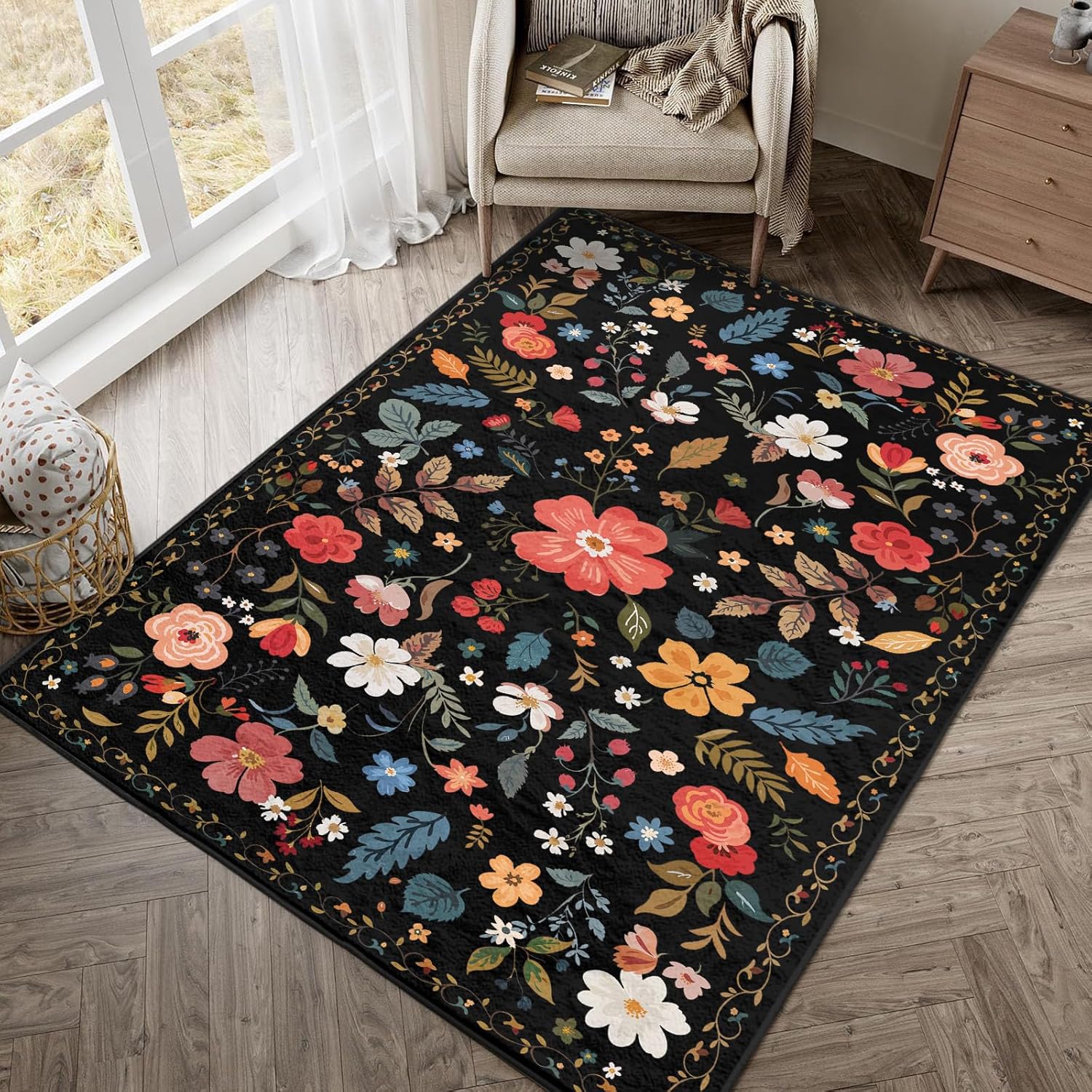 3x5 Rug Machine Washable Area Rugs Black Boho Floral Bedroom Bedside Rug Mat Non Slip Low Pile Small Carpet Throw Rugs for Bedroom Entryway Laundry Living Dorm Room Essentials for Girls