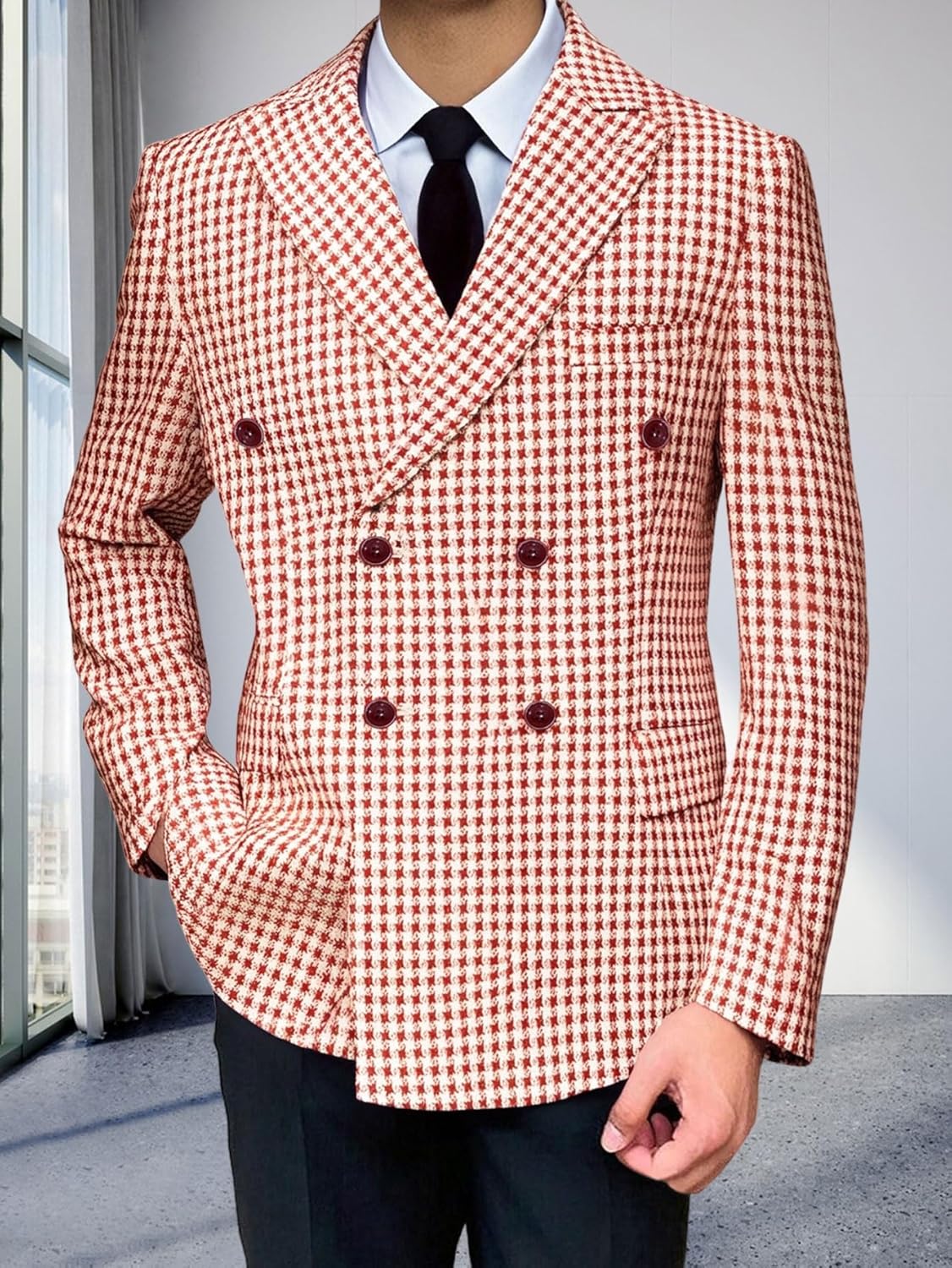 Men's Suit Jacket, Houndstooth Slim fit Fashionable Casual Jacket, Lapel Double Breasted Suit Party Tuxedo Coat - Image 7