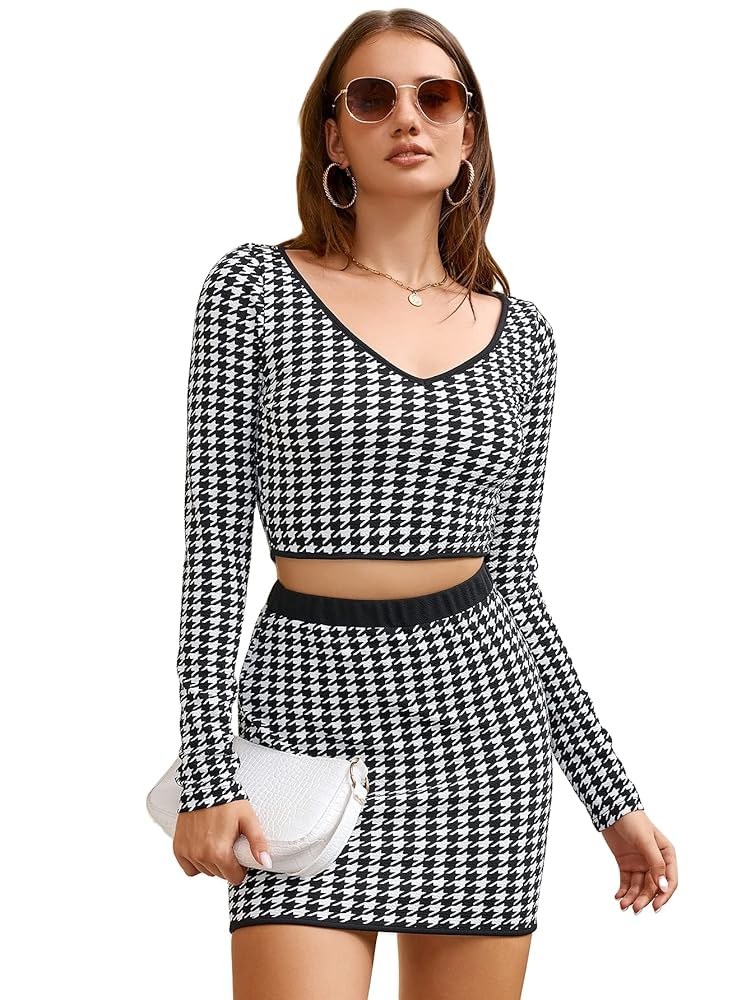 Amazon.com: WDIRARA Women's 2 Piece Outfits Houndstooth V