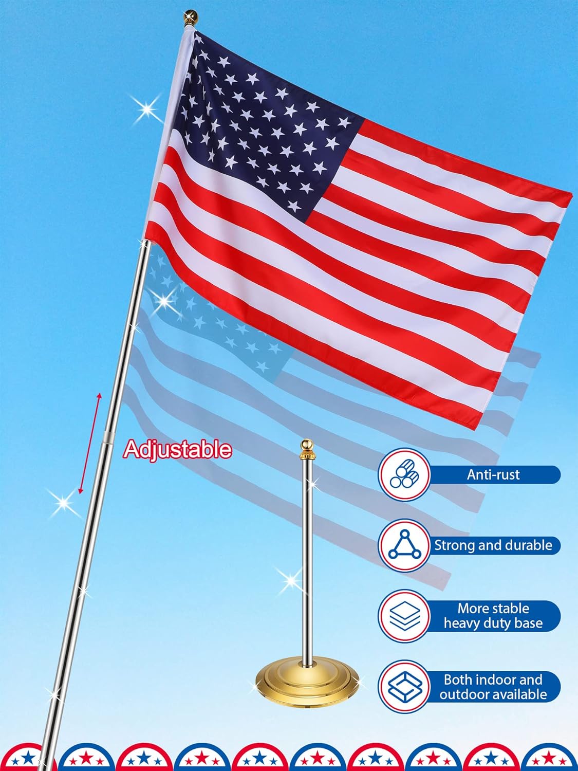 Indoor Telescoping Flag Pole with Base and Ball Top Indoor Flag Pole and Stand Heavy Duty Indoor Stainless Steel Flag Pole Base for House Office Decor, Flag Not Included (Gold, Silver, 8.53 ft)