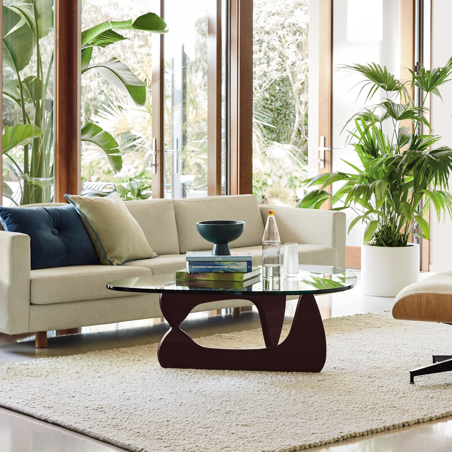 Triangle Glass Coffee Table Vintage Glass End Table, Solid Wood Base and Triangle Clear Glass Top Modern End Table for Living Room, Patio, Study, Dark Walnut