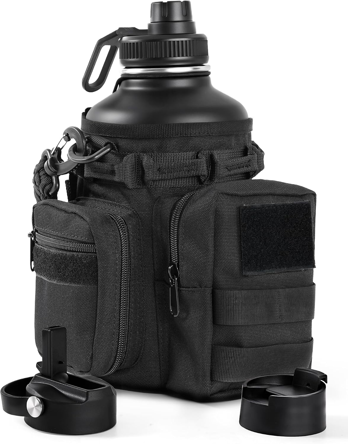64 Oz Black Tactical Water Bottle with 3 Lids, Molle Holder