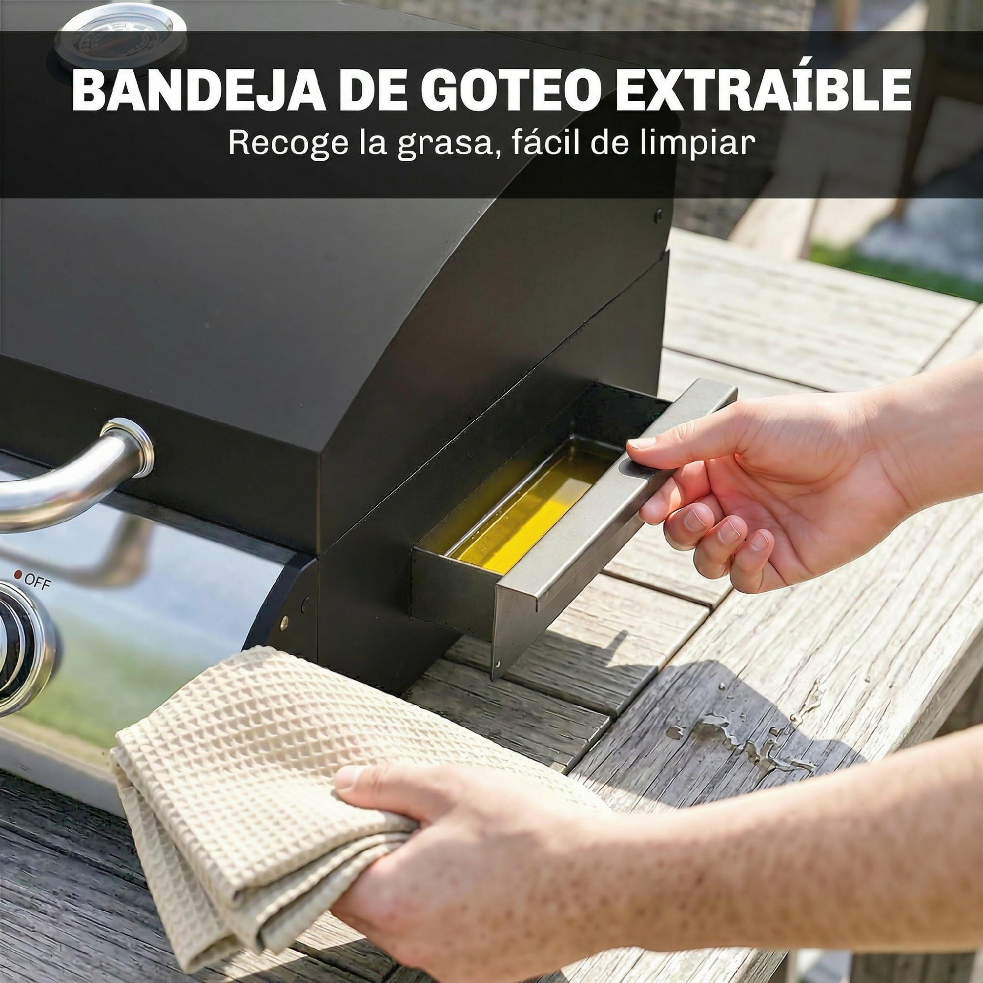 Outsunny Barbacoa de Gas BBQ Gas con 3 Quemadores 7,5 kW, Barbacoa de Mesa Portátil con Parrilla, Plancha, Estante Lateral Convertible, Termómetro, Tapa, Caja de Goteo, Patas Ajustables, Negro