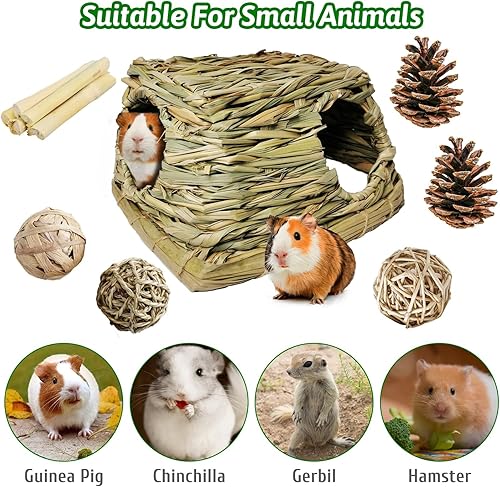Miniatura 7 de PINVNBY Casa de hierba de conejillo de indias con juguetes para masticar, conejito pequeño, escondite natural para mascotas, cabaña de césped con